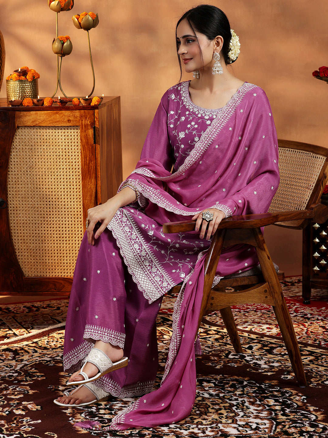 Mauve Embroidered Silk Blend Straight Suit With Dupatta