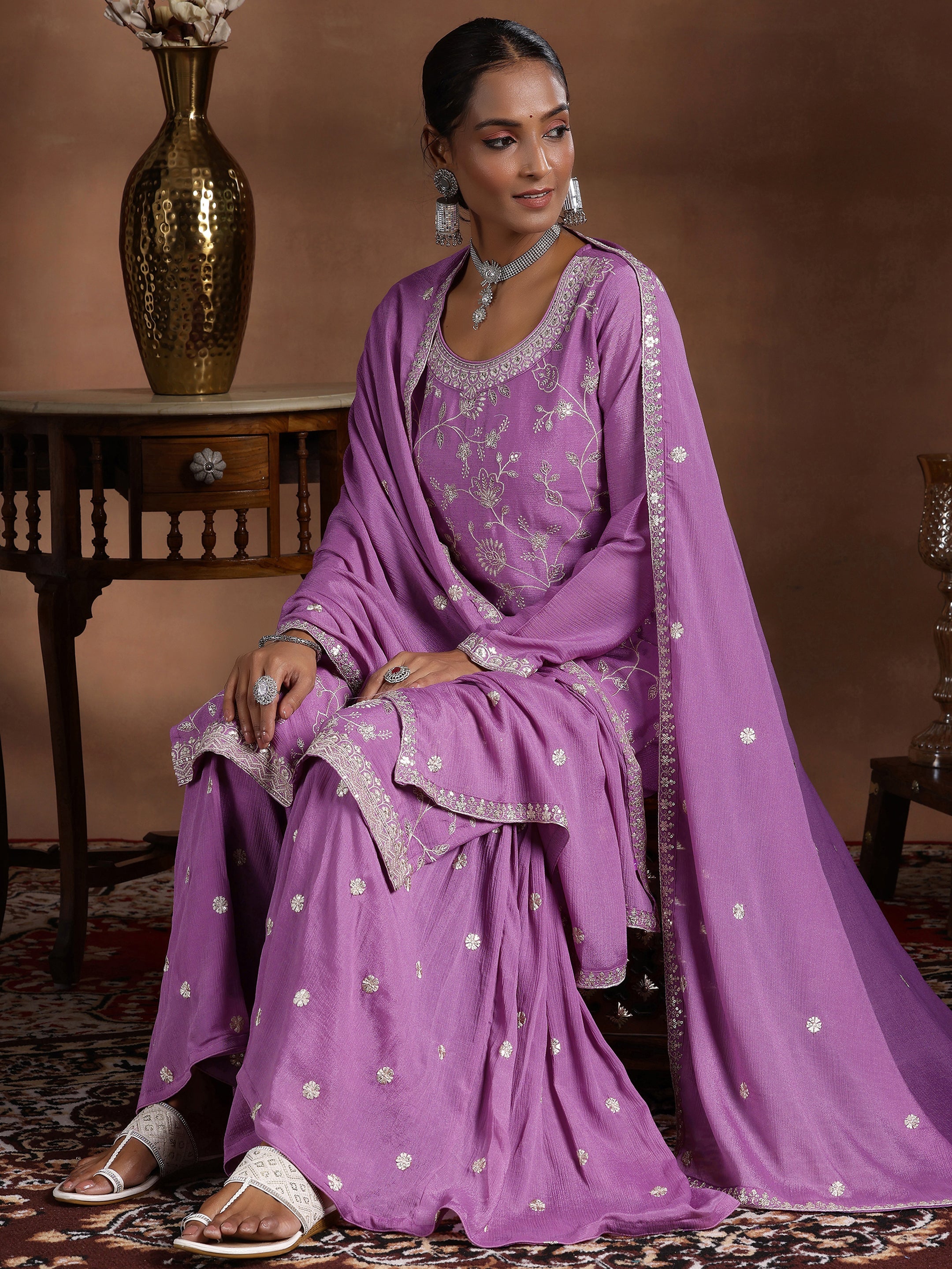 Lavender Embroidered Silk Blend Straight Suit With Dupatta