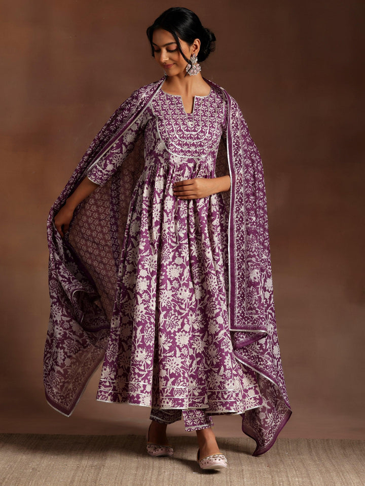 Nalini Purple Printed Cotton Anarkali Kurta With Trousers & Dupatta - ShopLibas