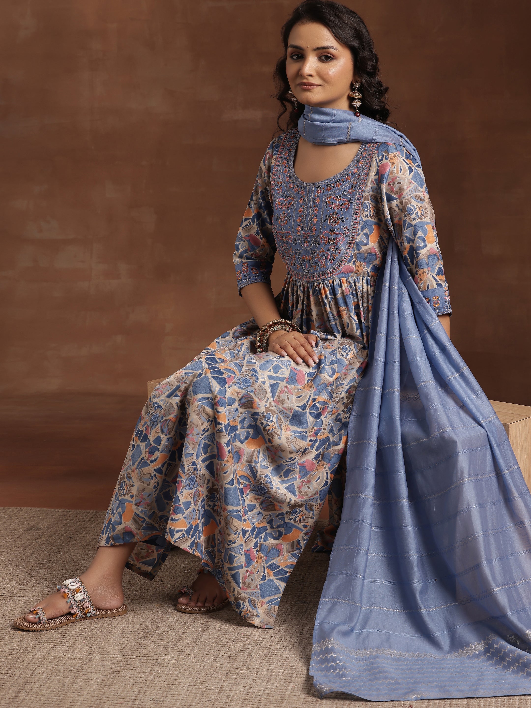 Blue Printed Silk Blend A-Line Kurta With Trousers & Dupatta