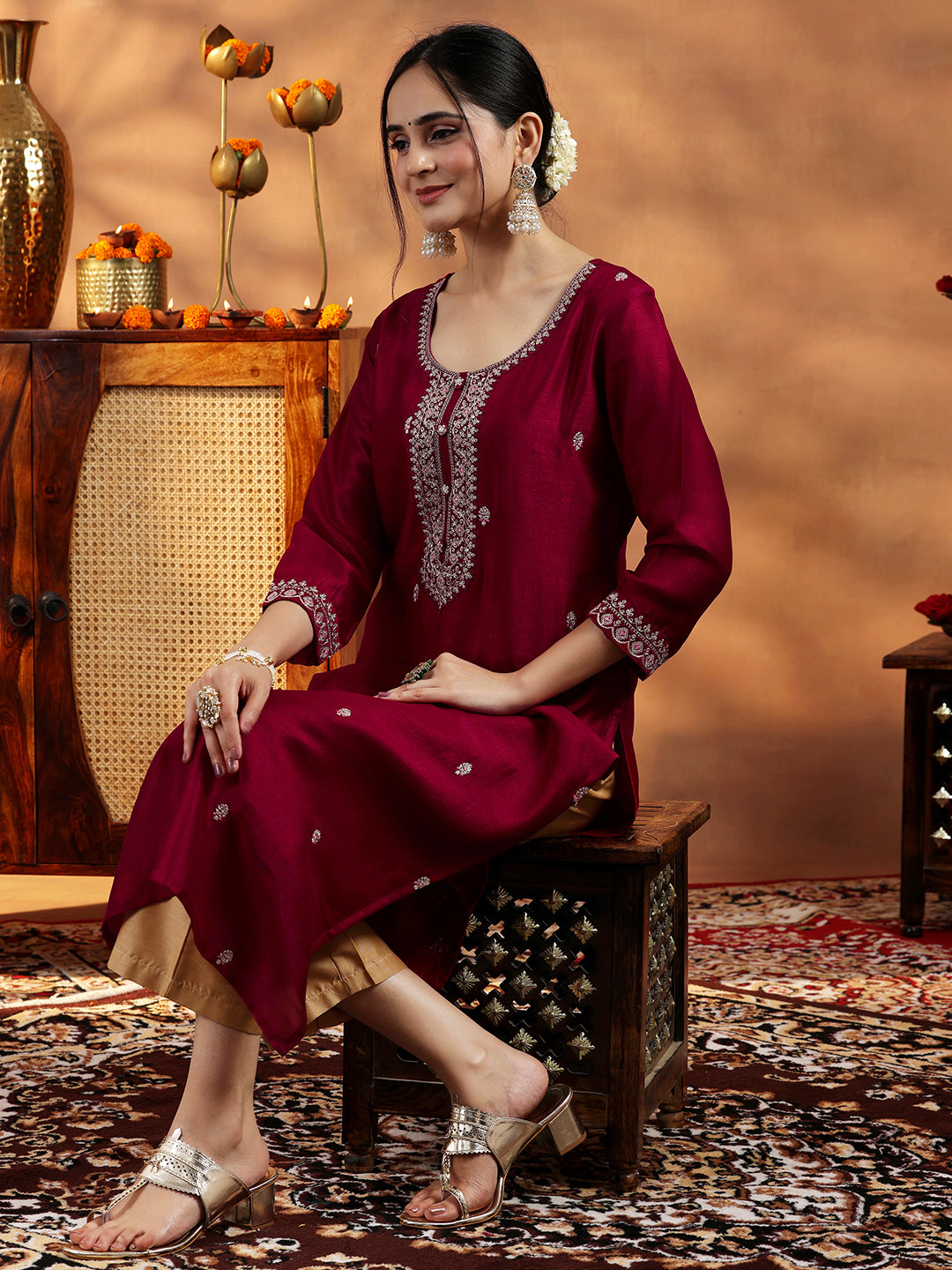 Maroon Embroidered Silk Straight Kurta