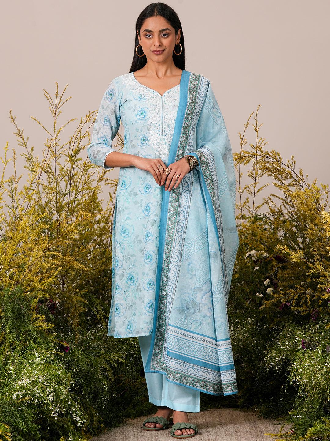 Blue Printed Linen Straight Suit With Dupatta