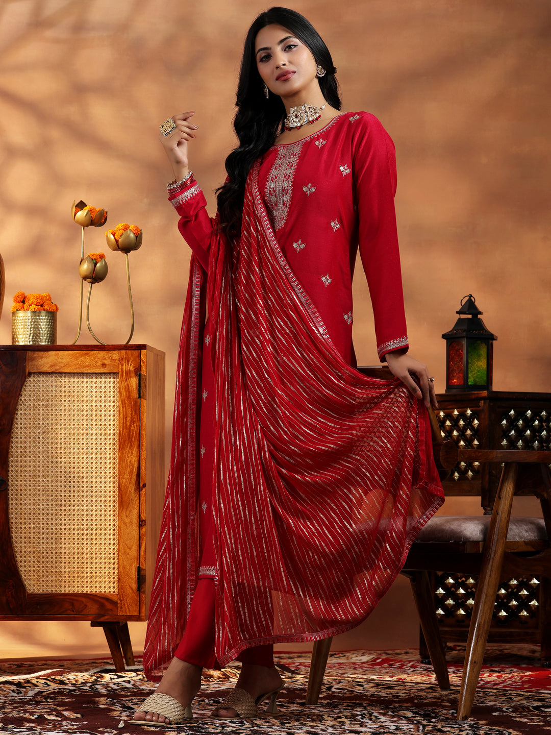 Red Embroidered Silk Blend Straight Suit With Dupatta