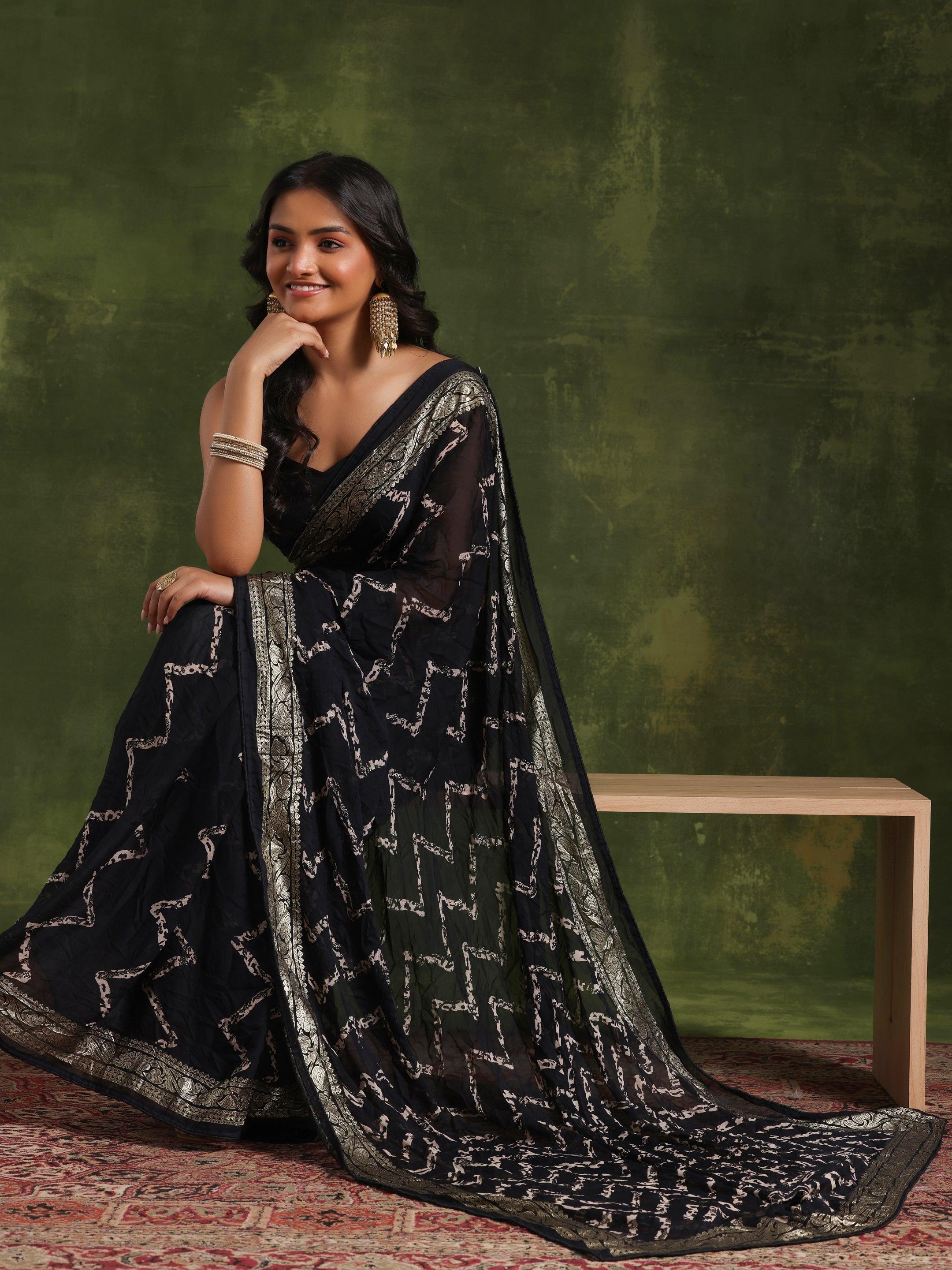 Black Printed Poly Georgette Saree With Unstitched Blouse Piece