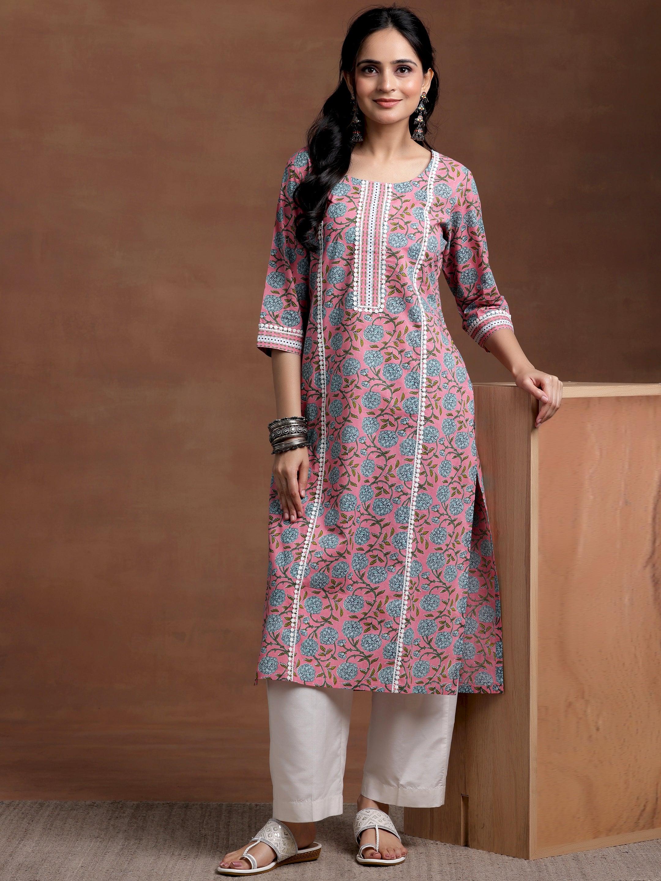 Pink Printed Cotton Straight Kurta