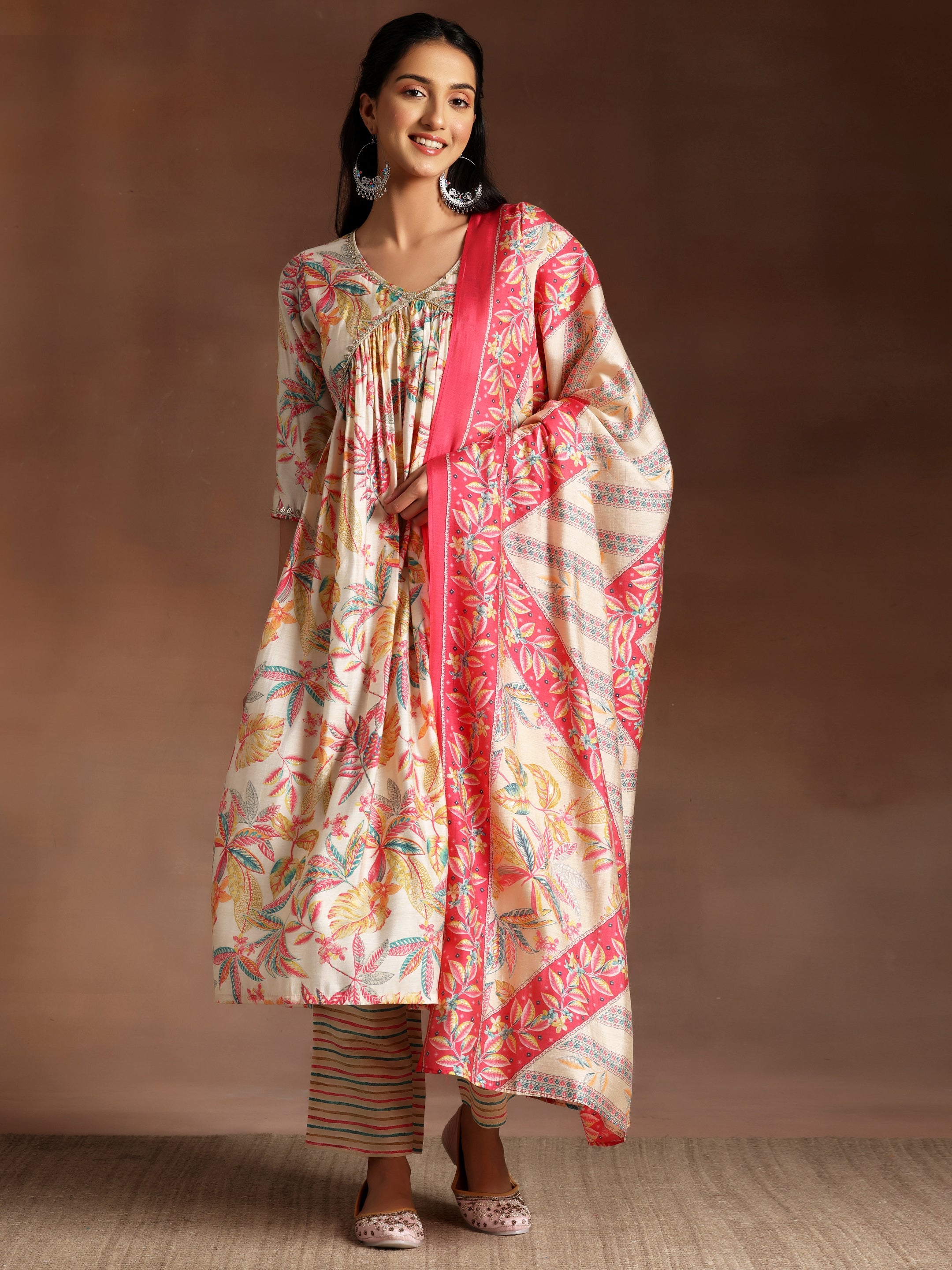 Off White Printed Silk Blend Straight Suit With Dupatta