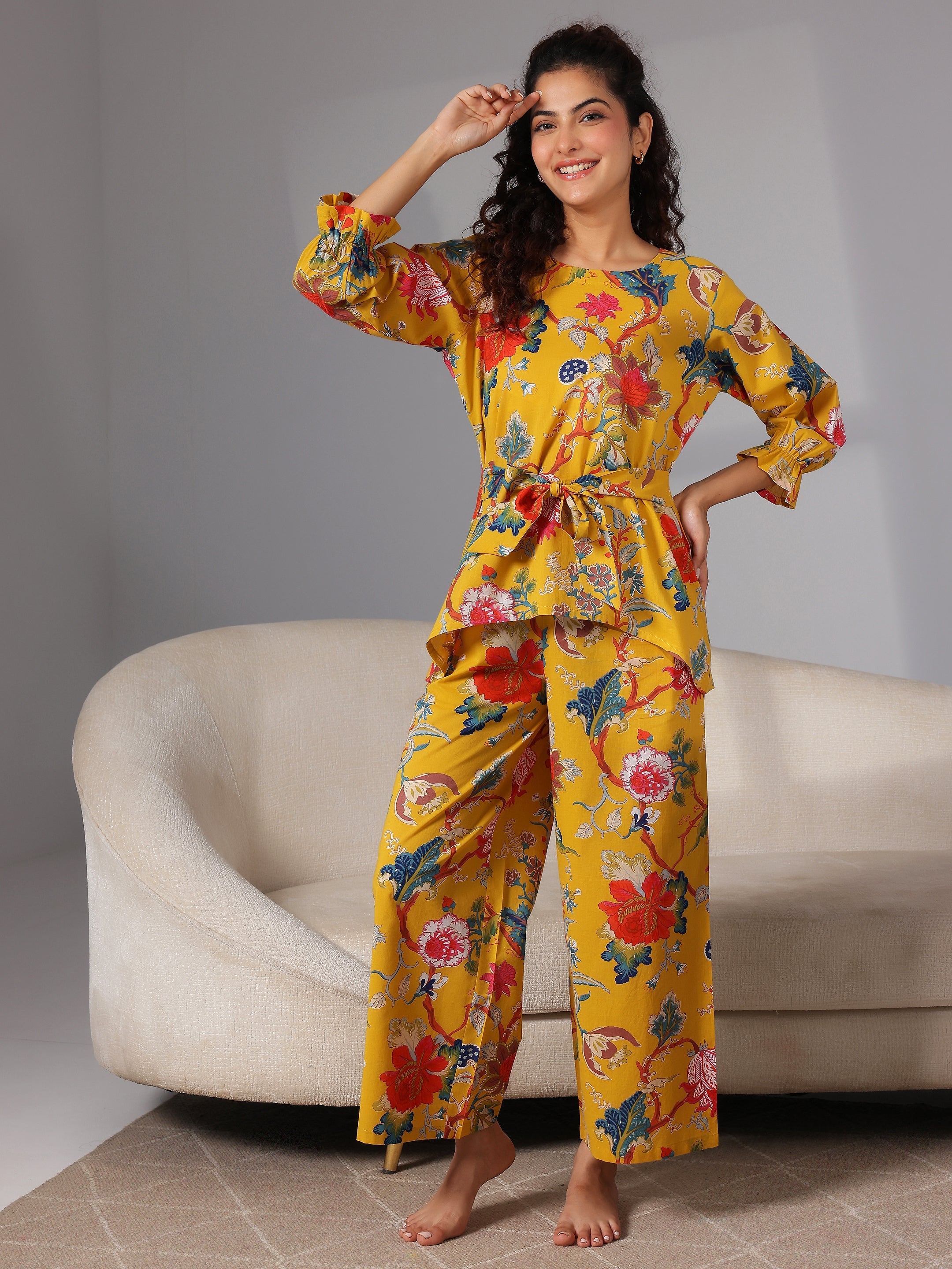 Mustard Printed Cotton Night Suits