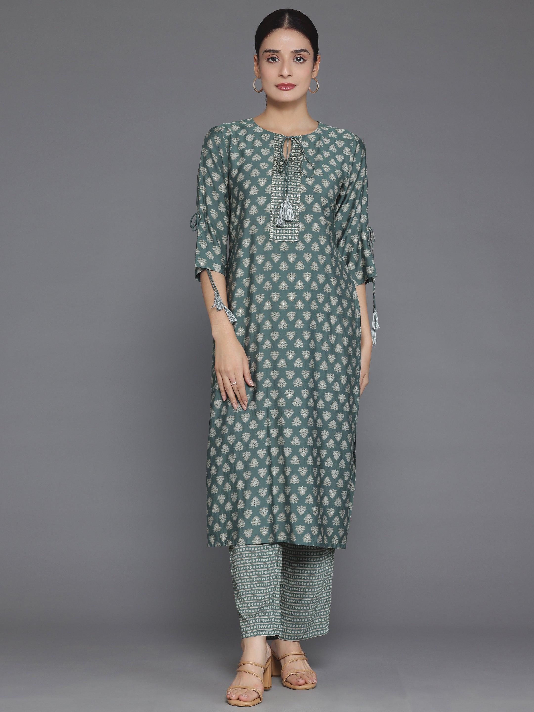 Green Printed Silk Blend Straight Kurta Set