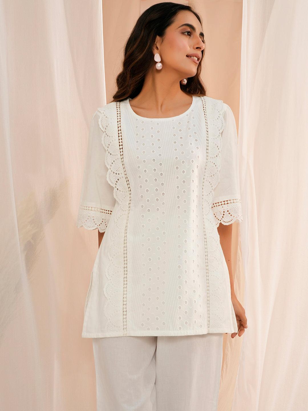 White Embroidered Cotton Straight Kurti - Libas