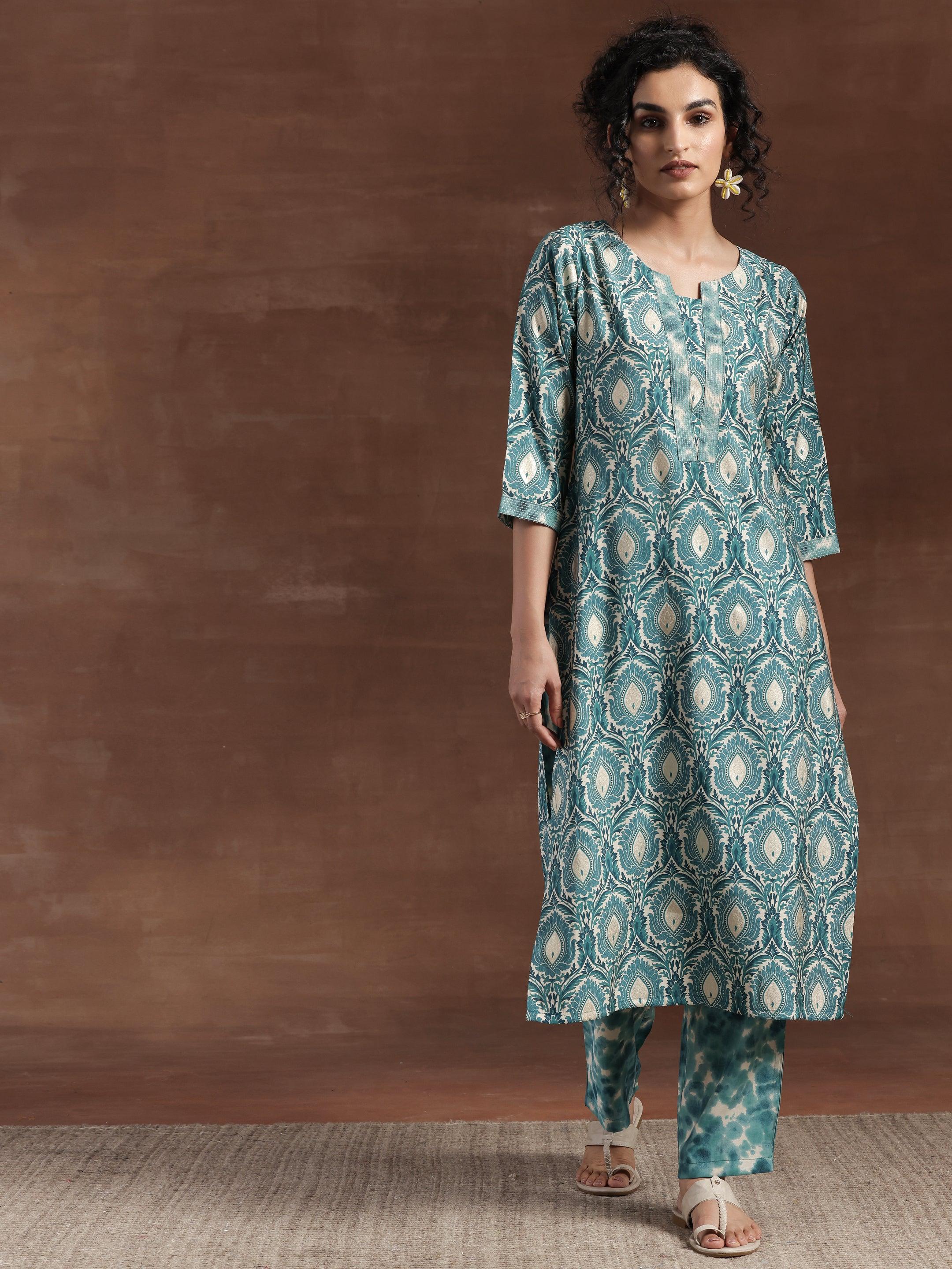 Blue Printed Silk Blend Straight Kurta Set