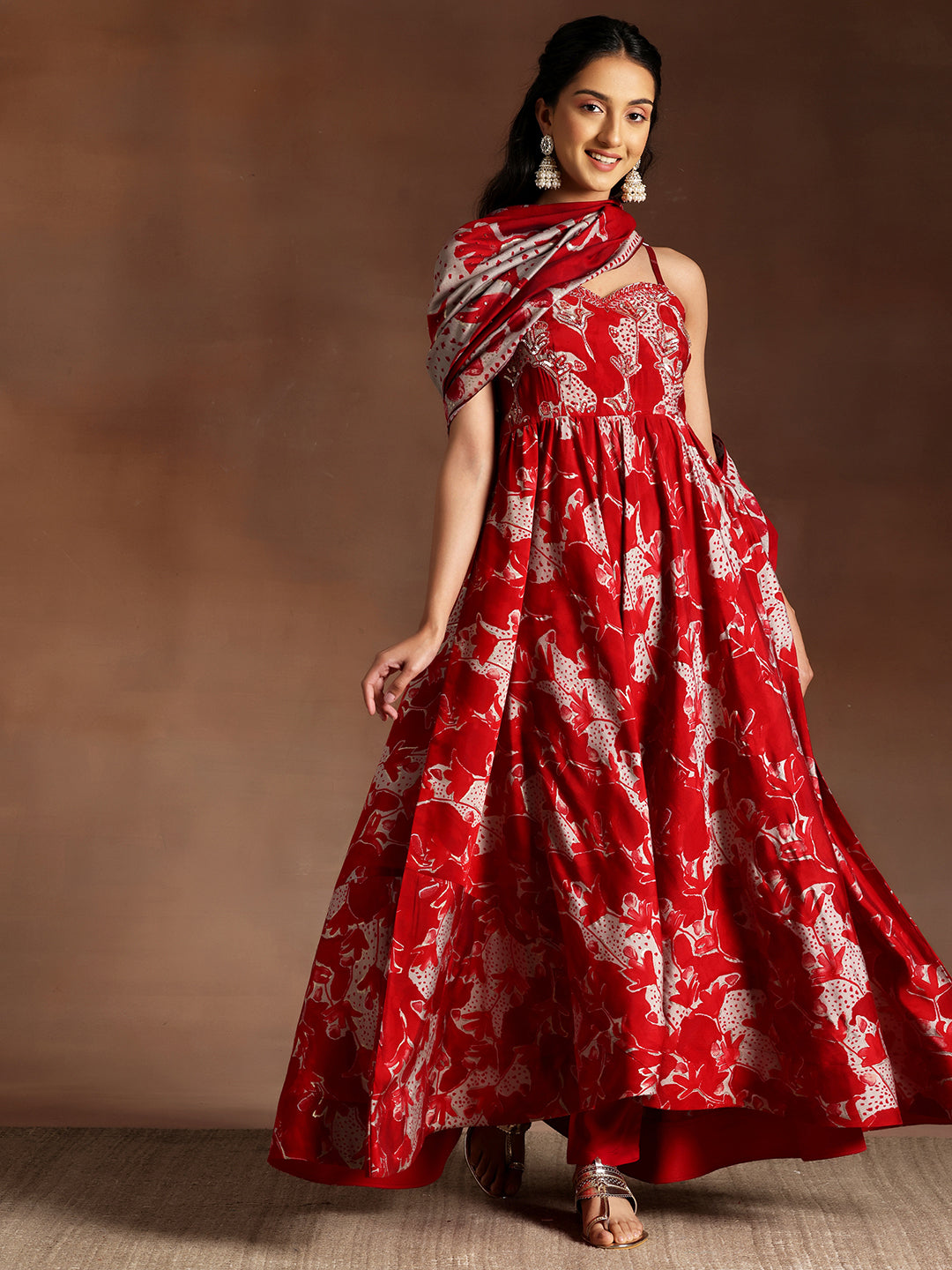 Red Printed Silk Blend Anarkali Suit With Dupatta