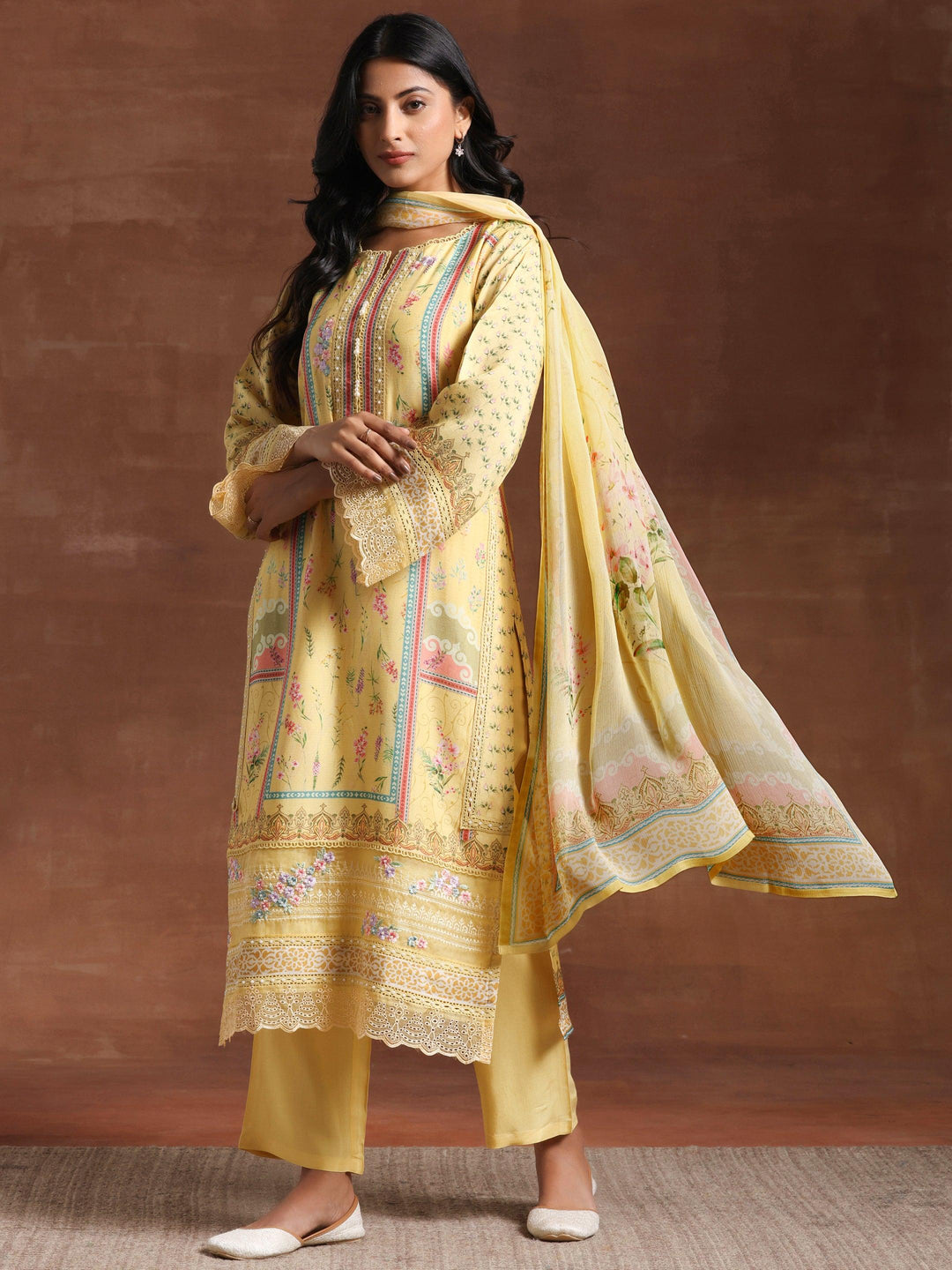 Yellow Printed Silk Blend Straight Suit With Dupatta