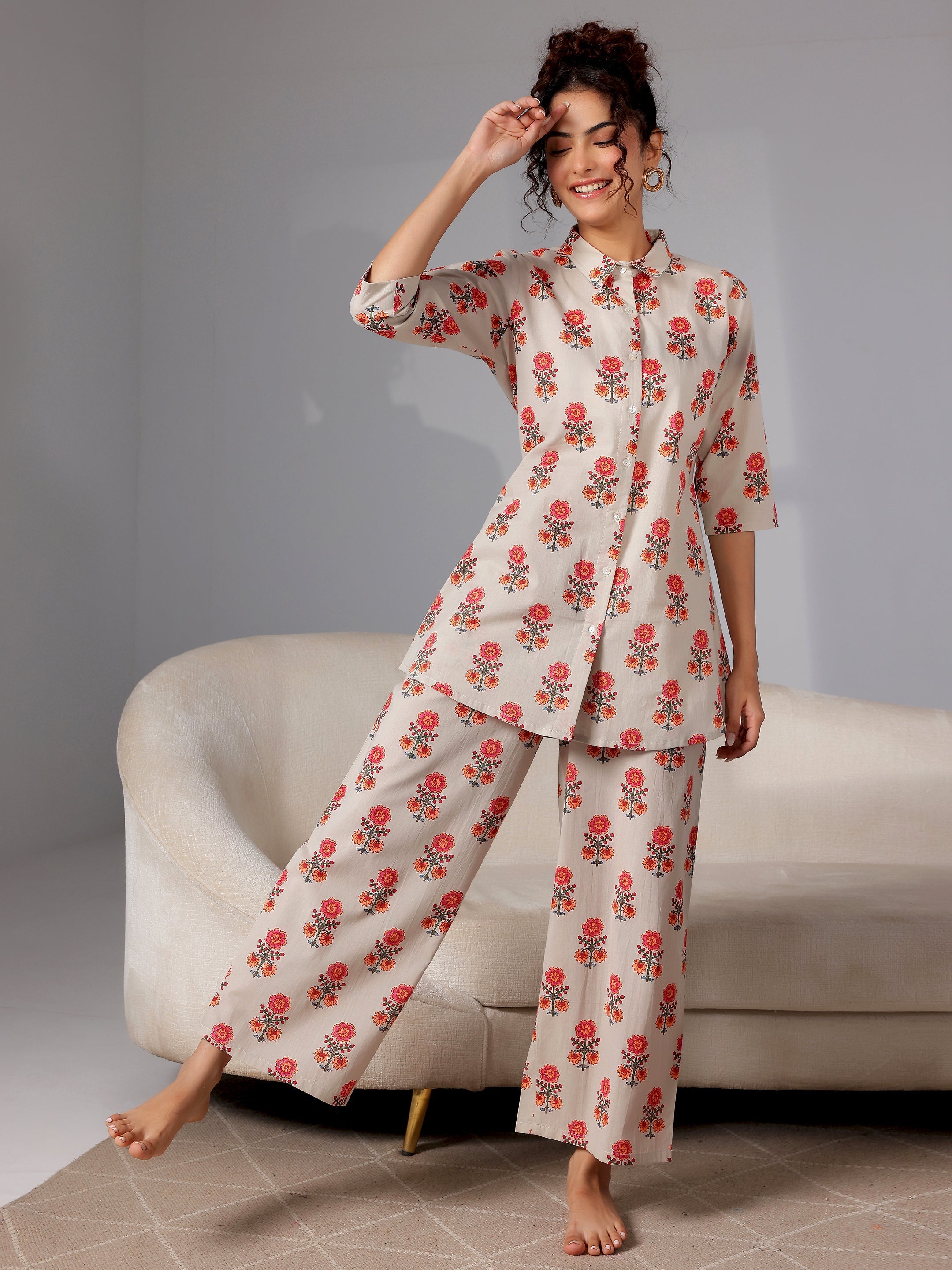 Beige Printed Cotton Night Suits