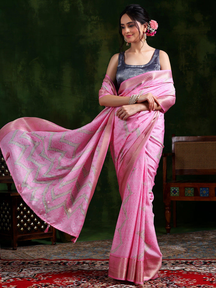 Pink Printed Silk Blend Saree With Unstitched Blouse Piece - Libas