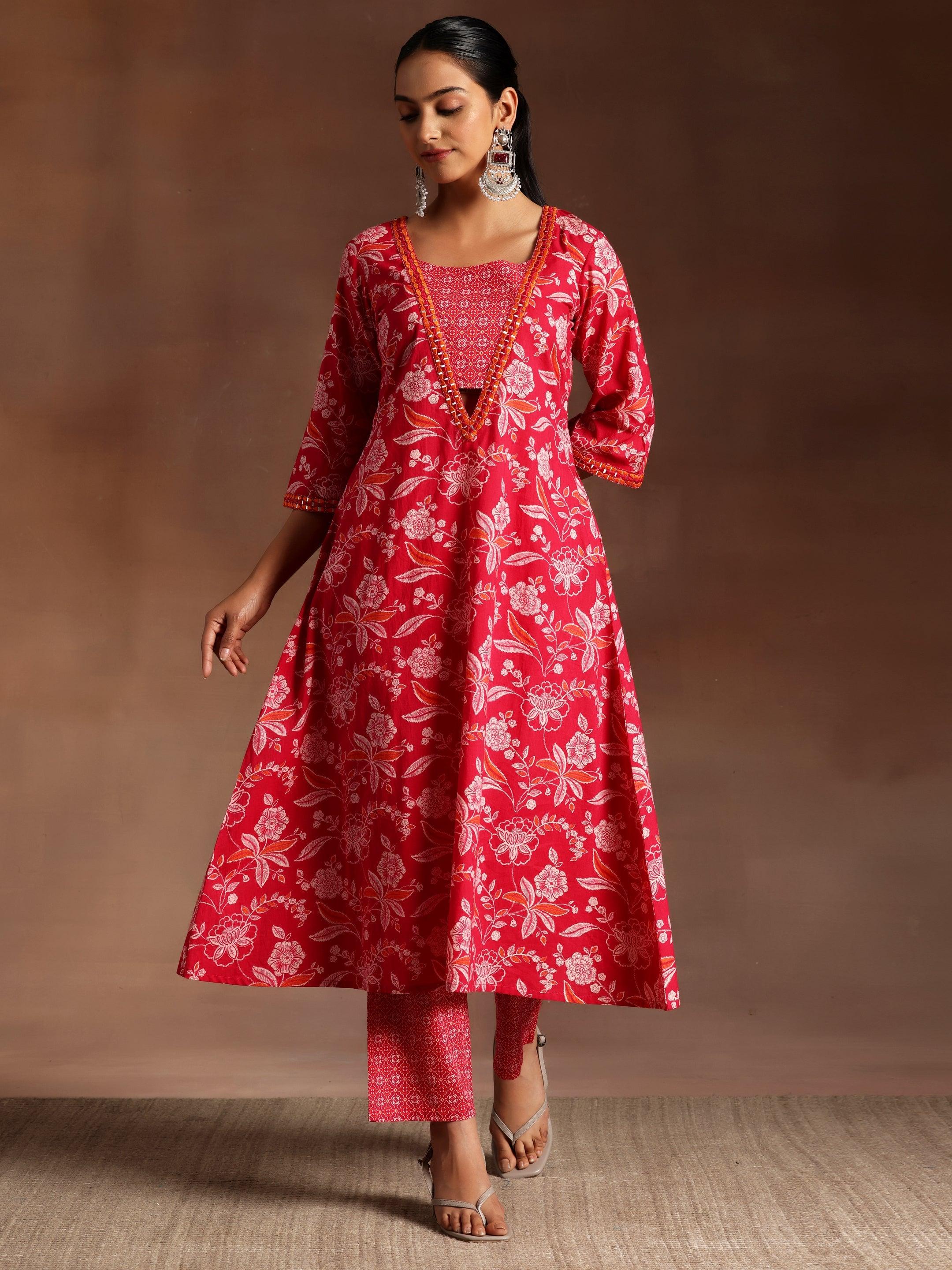 Taruni Pink Printed Cotton A-Line Kurta With Palazzos