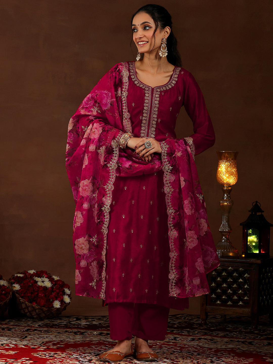 Red Embroidered Silk Blend Straight Suit With Dupatta