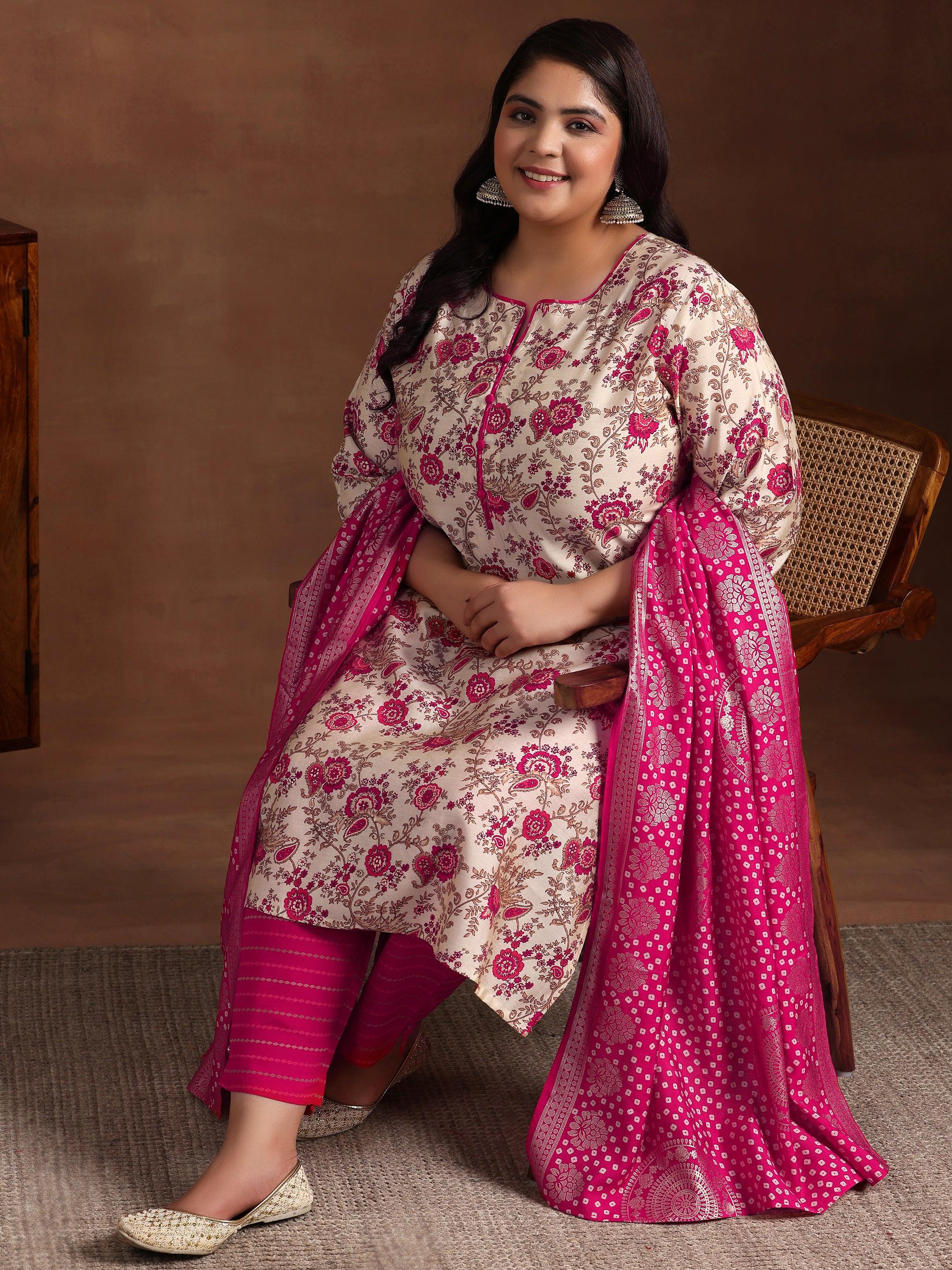 Plus Size Pink Printed Silk Blend Straight Suit With Dupatta