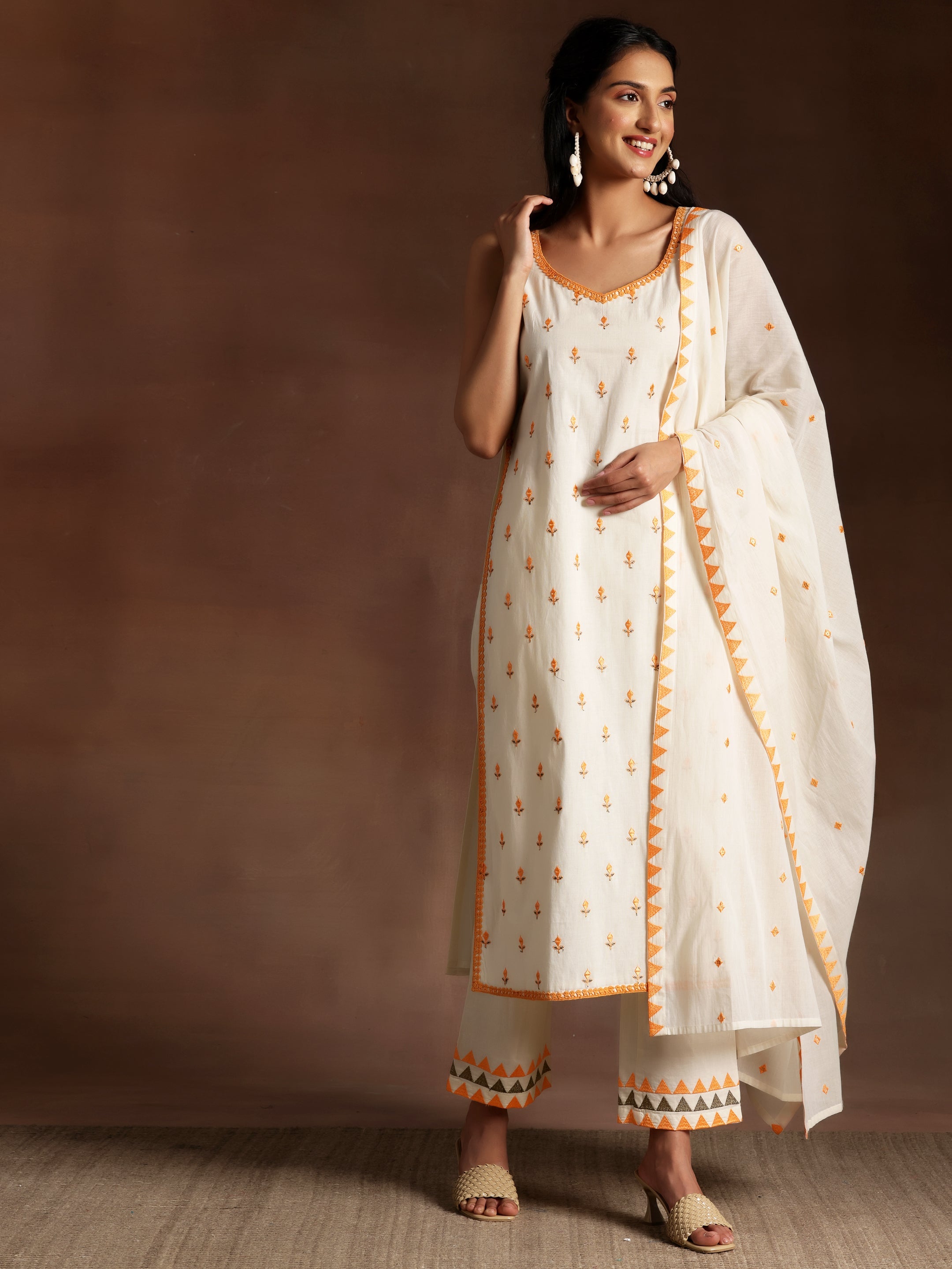 Off White Embroidered Cotton Straight Suit With Dupatta