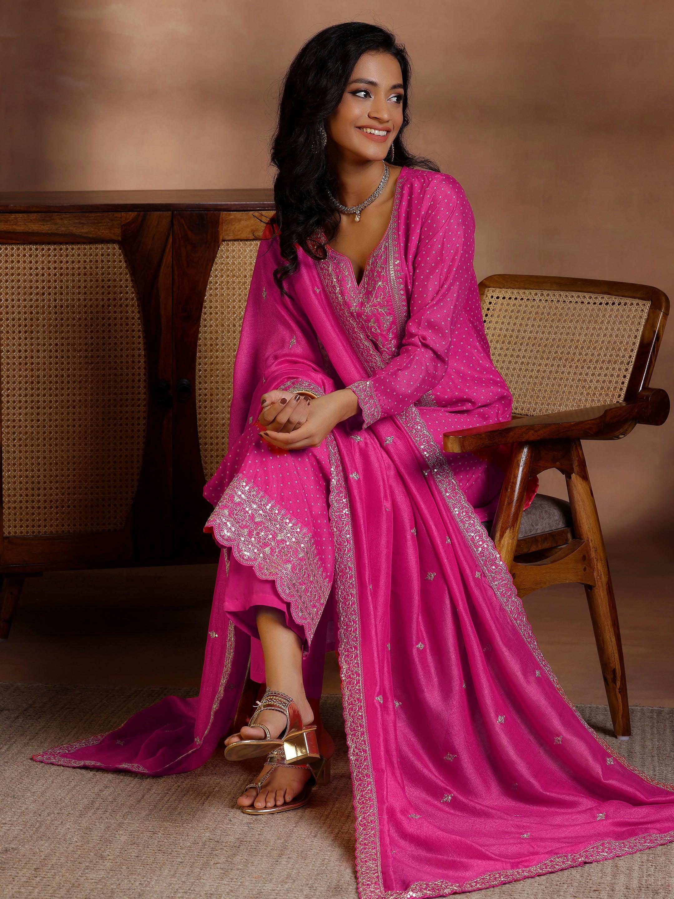 Pink Printed Silk Blend Straight Suit With Dupatta