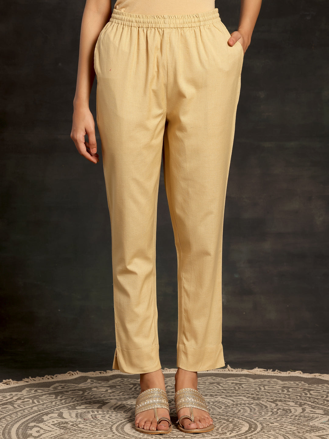 Cream Solid Cotton Straight Fit Trousers