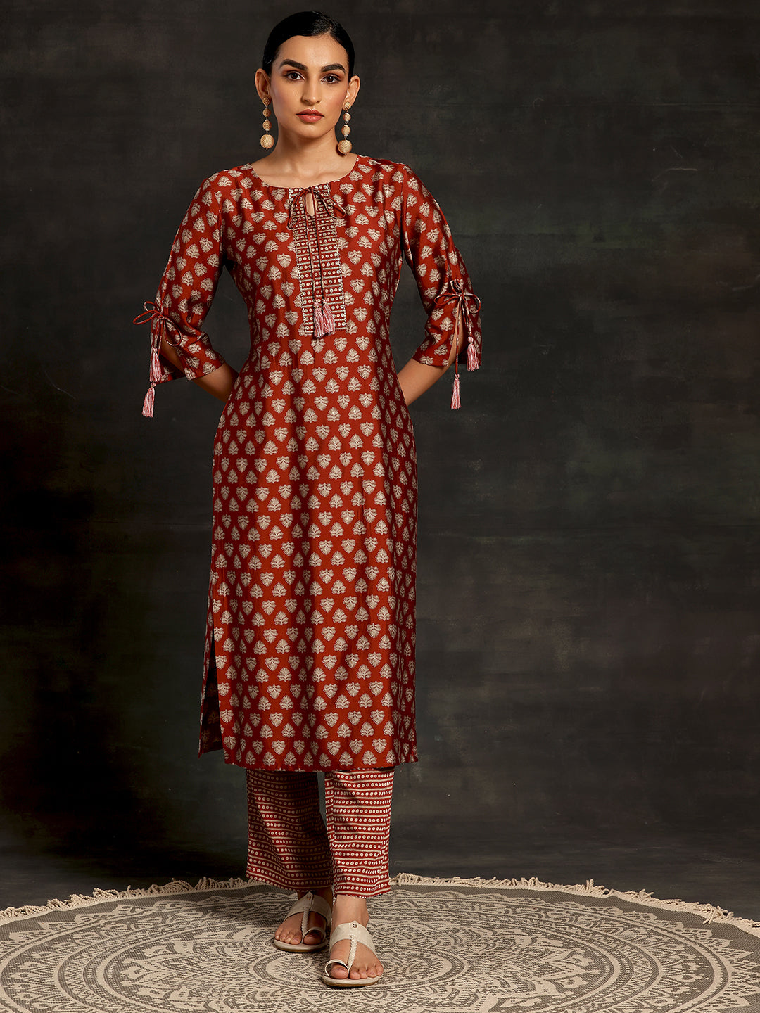 Rust Printed Silk Blend Straight Kurta Set