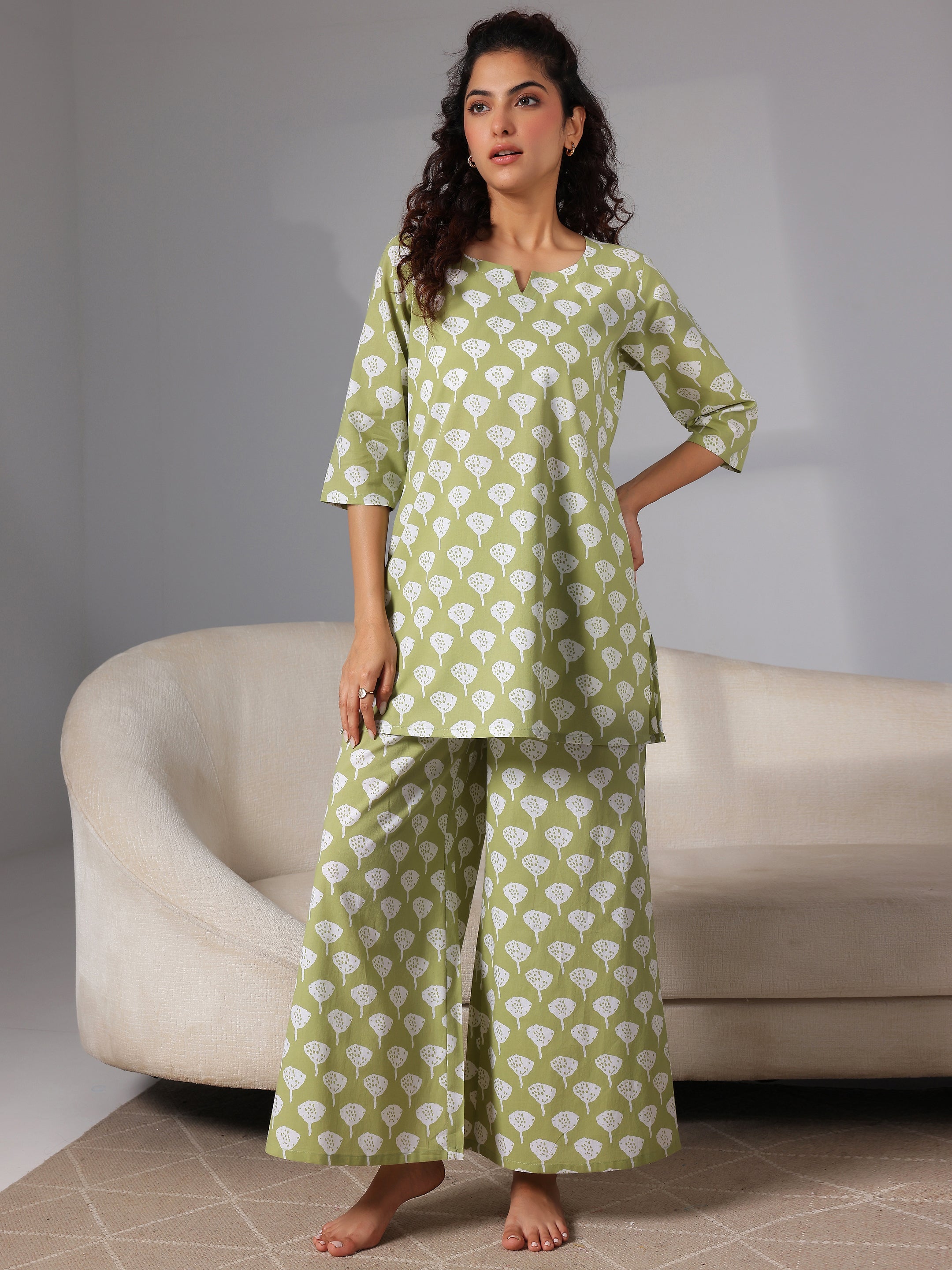 Green Printed Cotton Night Suits