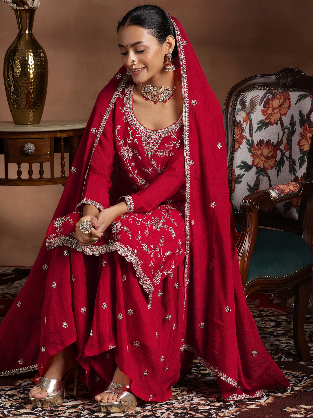 Red Embroidered Silk Blend Straight Suit With Dupatta