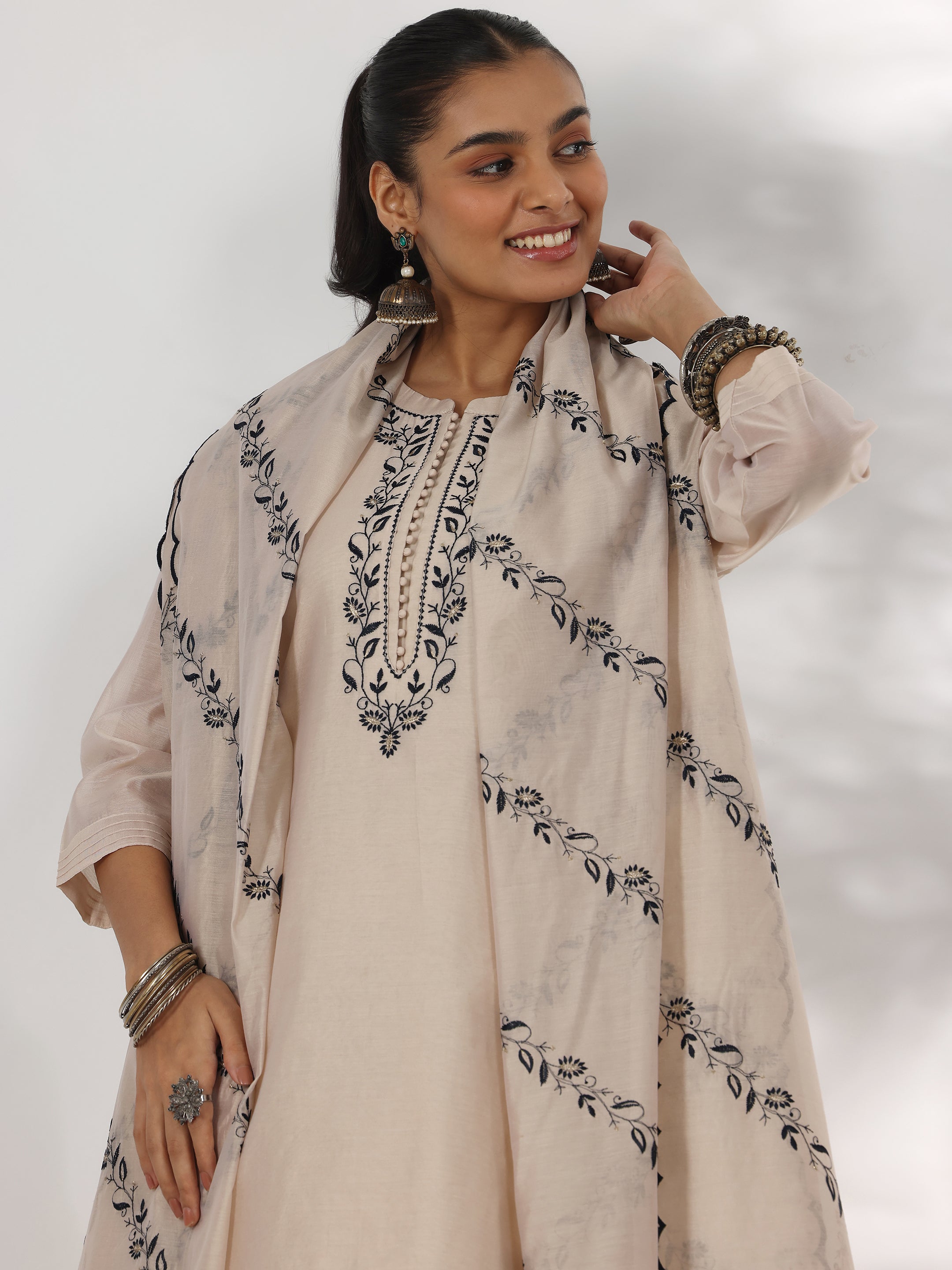 Beige Yoke Design Chanderi Silk Straight Suit With Dupatta