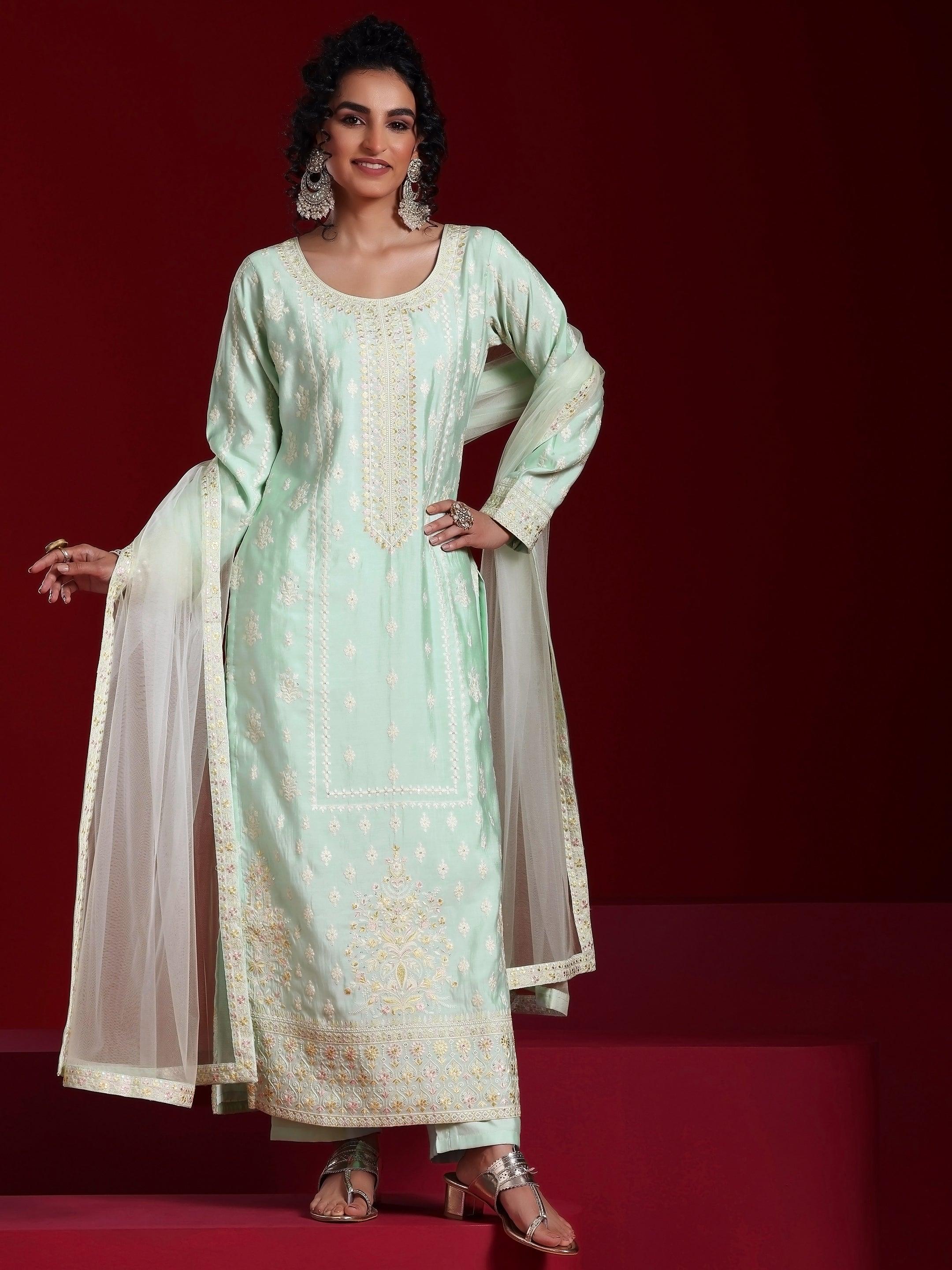 Libas Art Sea Green Embroidered Silk Blend Straight Suit With Dupatta