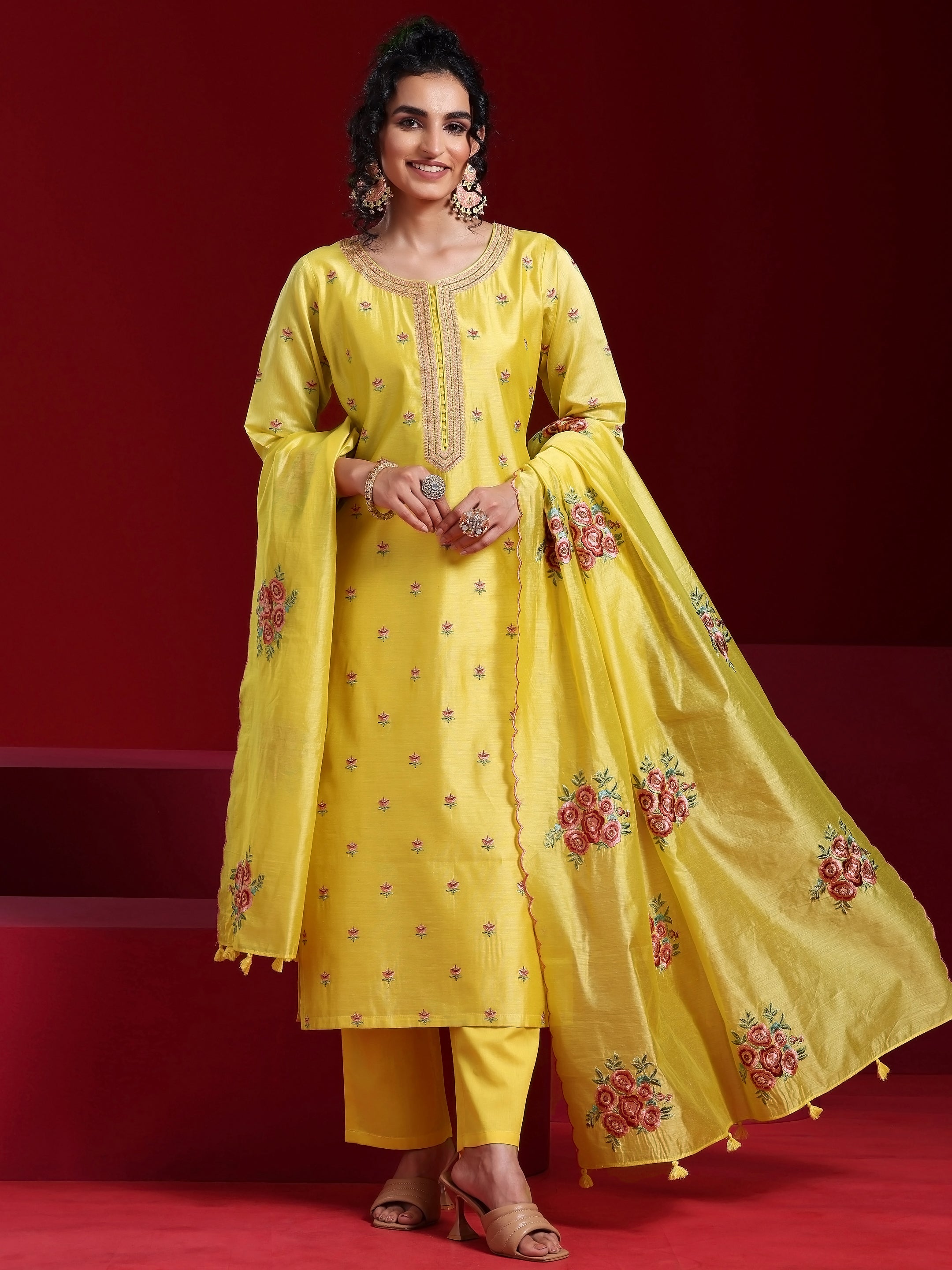 Libas Art Yellow Embroidered Chanderi Silk Straight Suit With Dupatta