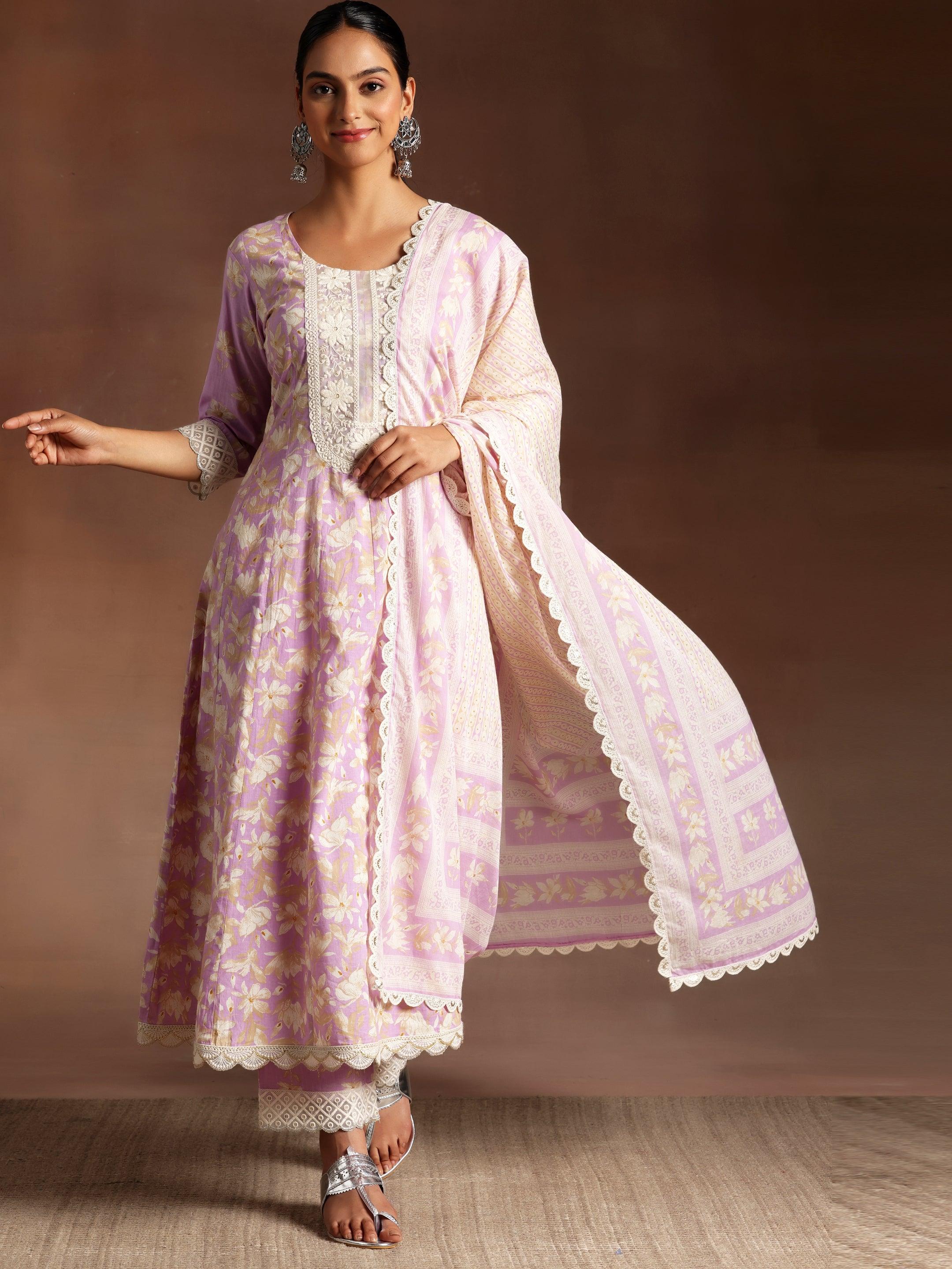 Dilbaro Purple Printed Cotton A-Line Kurta With Trousers & Dupatta