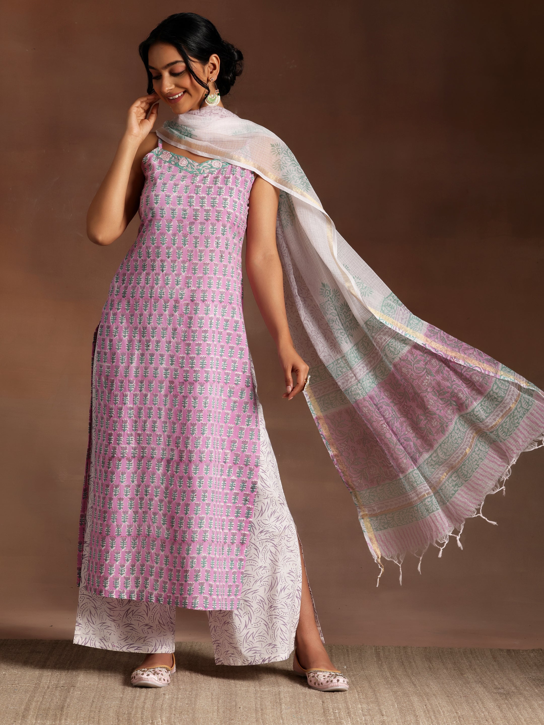 Pink Printed Cotton Straight Suit With Dupatta