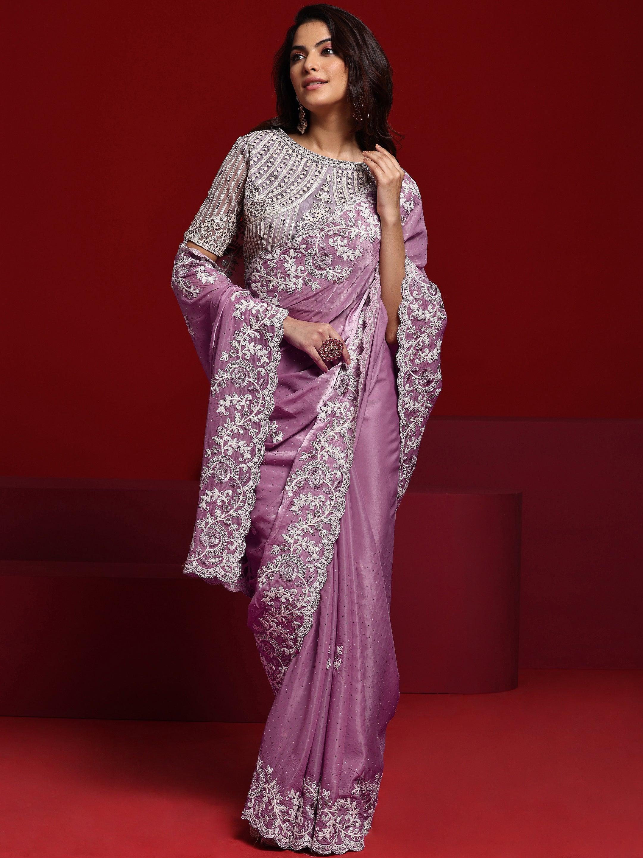 Libas Art Lavender Embroidered Tissue Saree With Unstitched Blouse Piece