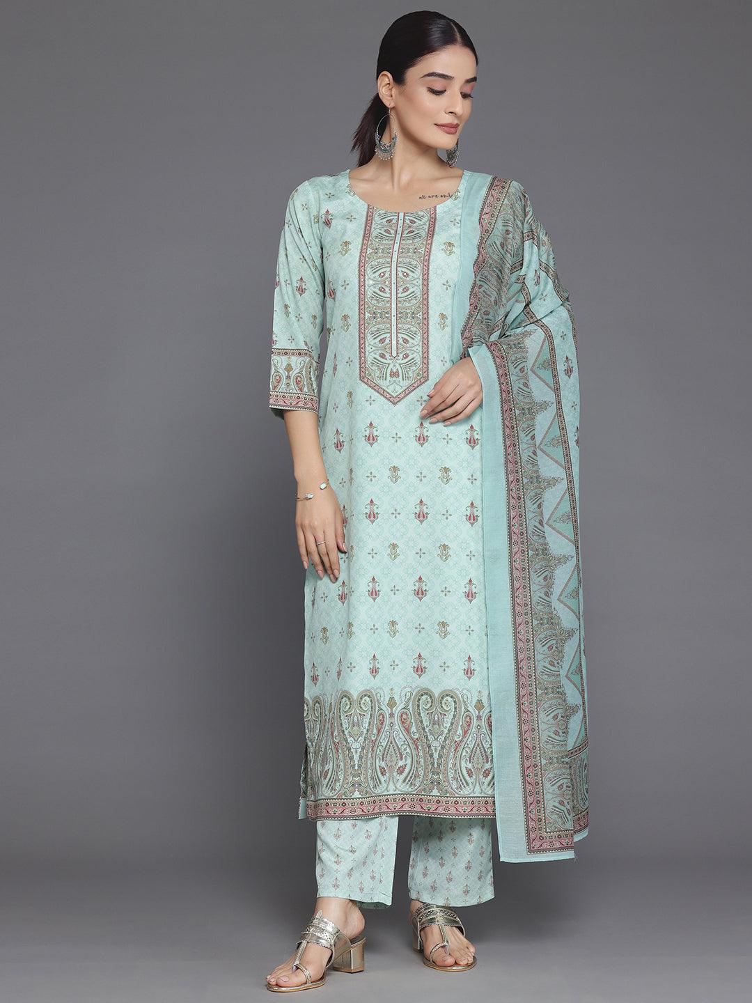 Green Printed Poly Crepe Straight Suit With Dupatta