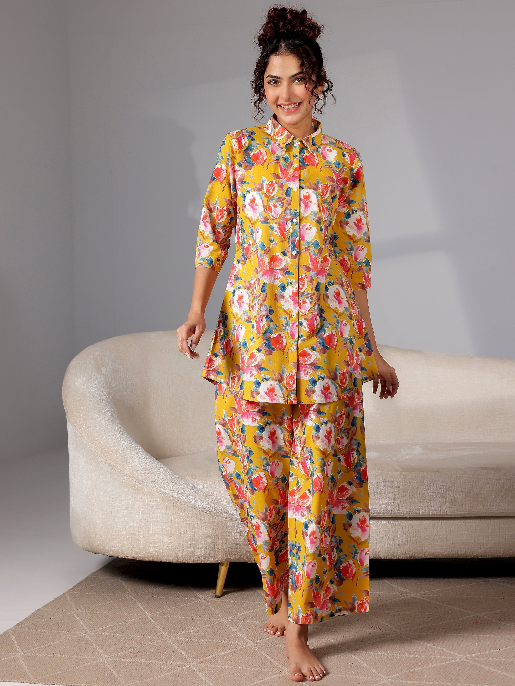 Mustard Printed Cotton Night Suits