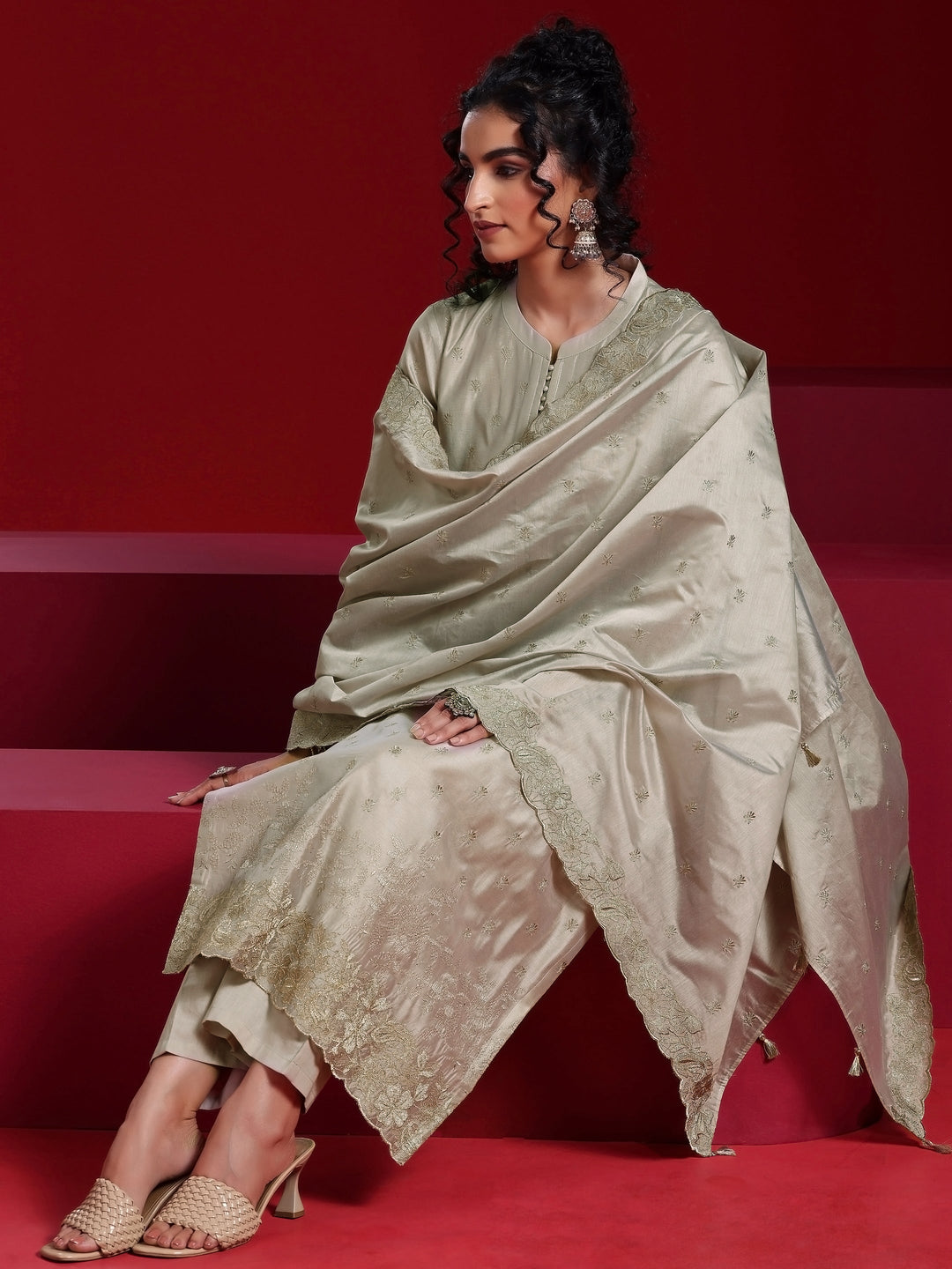 Libas Art Grey Embroidered Chanderi Silk Straight Suit With Dupatta