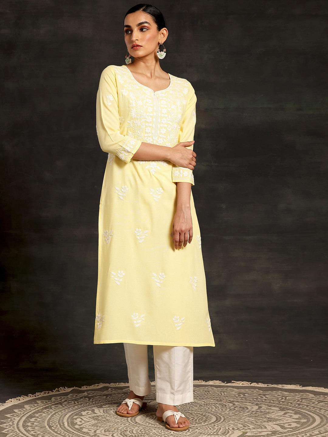 Yellow Embroidered Rayon Straight Kurta