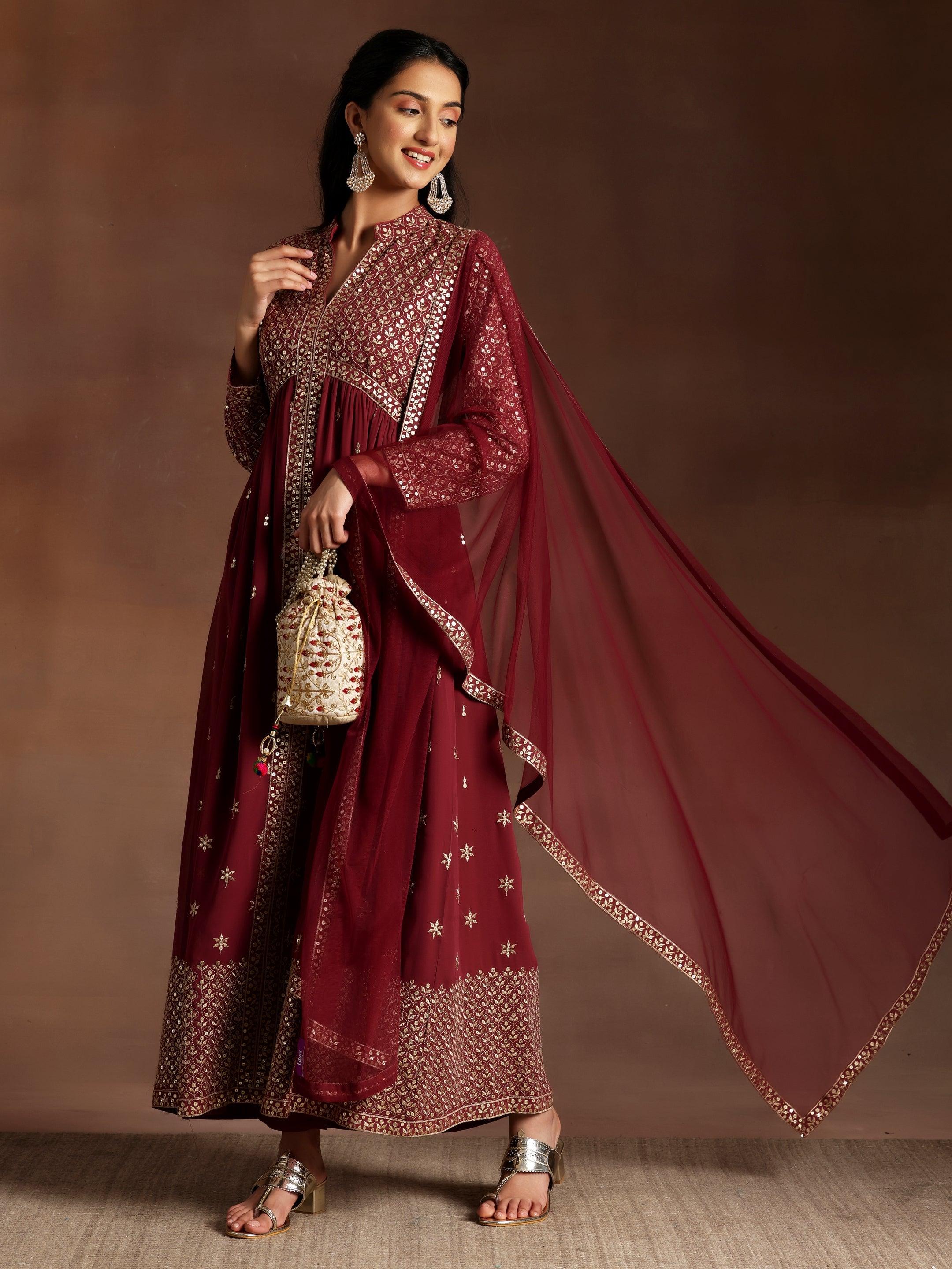 Chandni Mauve Embroidered Georgette A-Line Kurta With Trousers & Dupatta