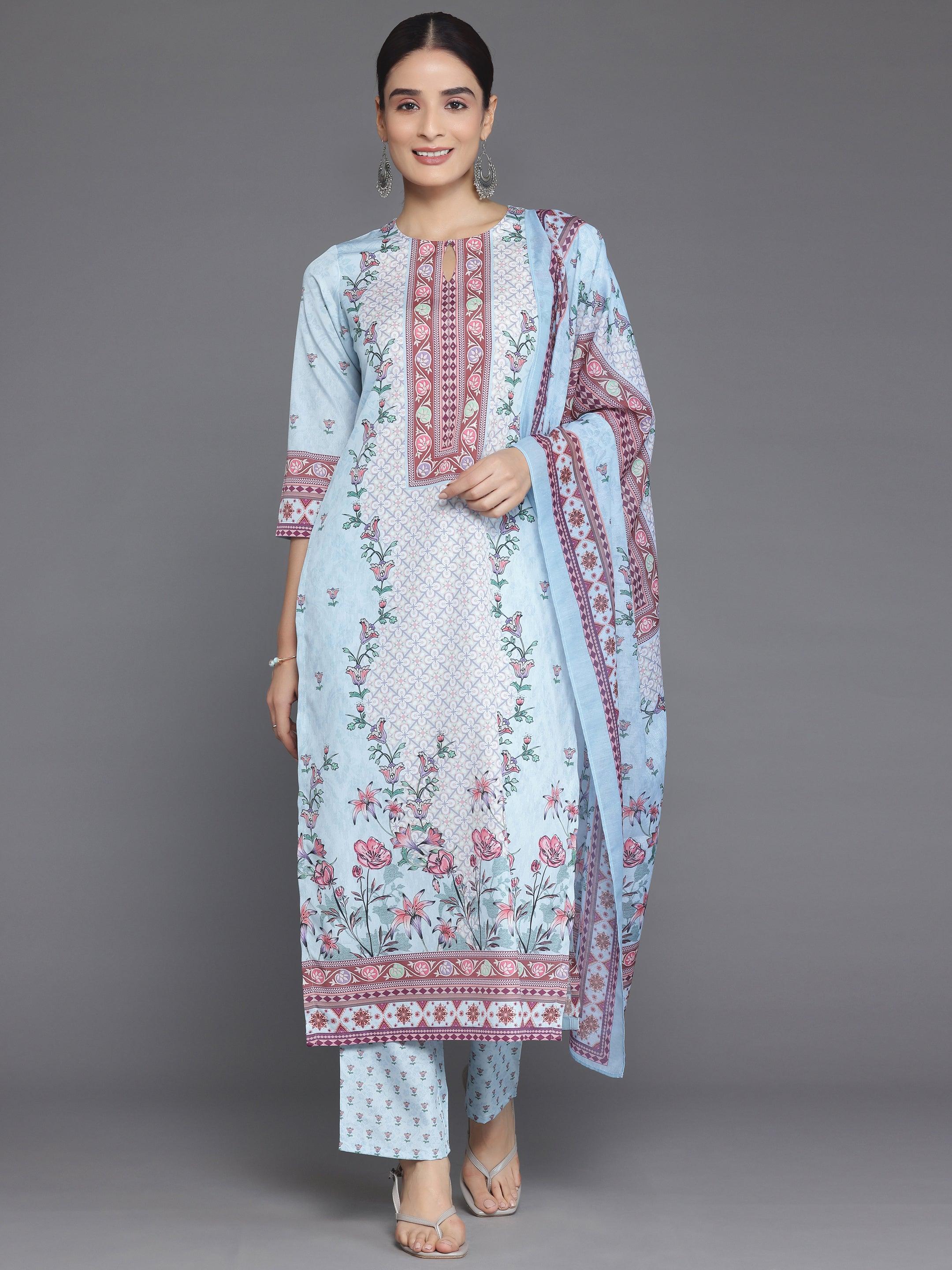 Blue Printed Poly Crepe Straight Suit With Dupatta