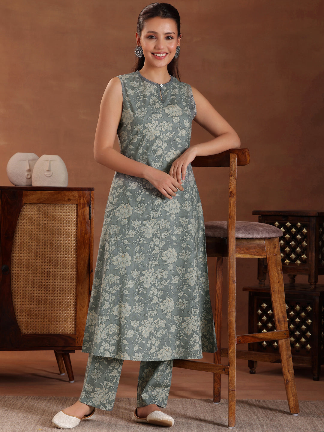 Grey Printed Pure Cotton A-Line Kurta With Trousers