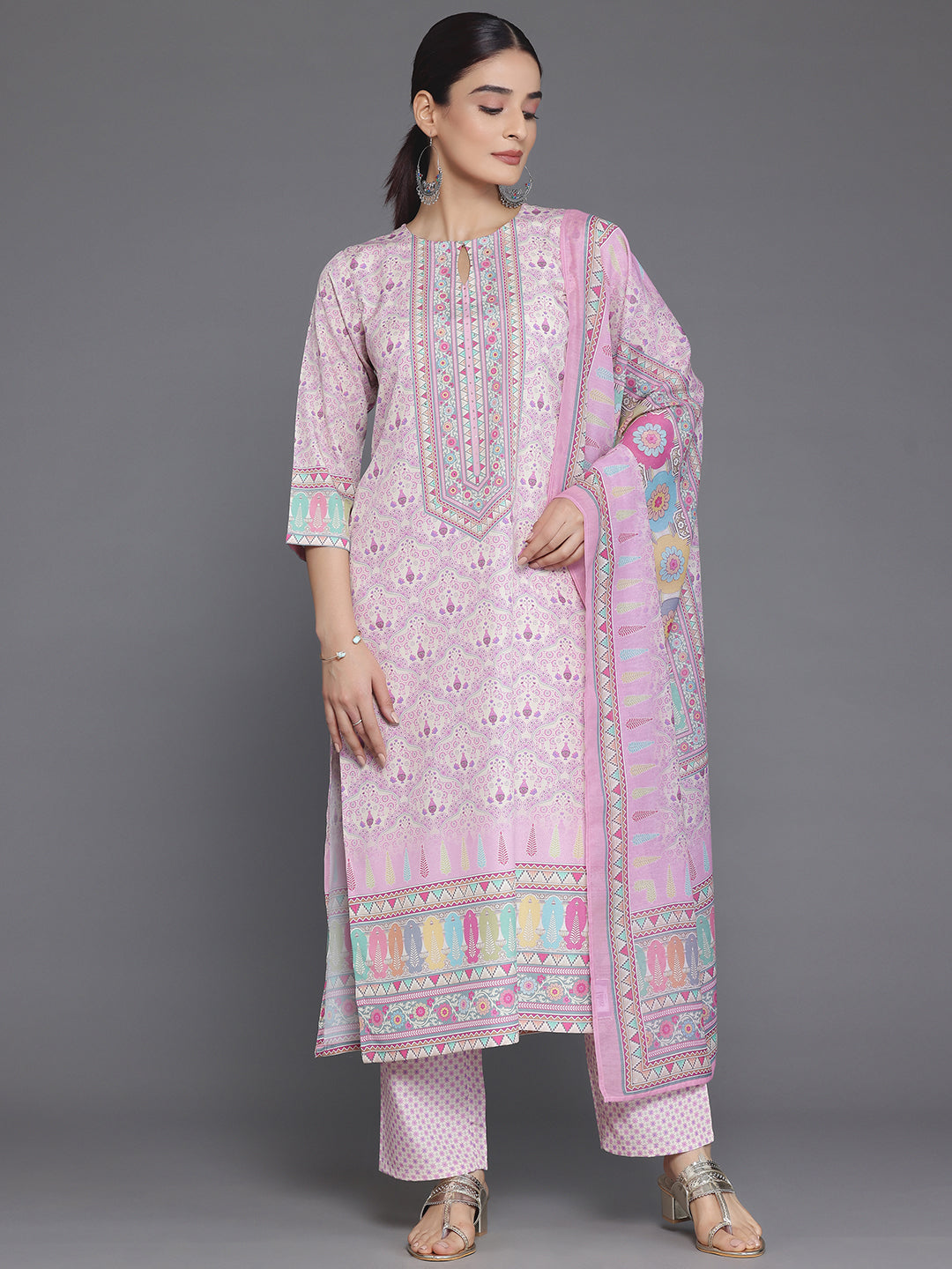 Pink Printed Poly Crepe Straight Suit With Dupatta