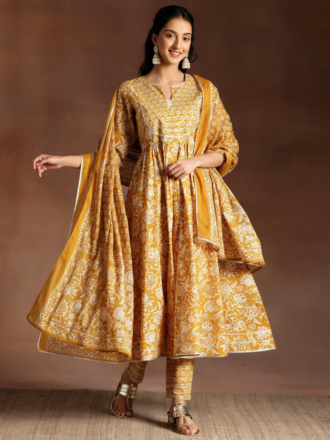 Mustard Printed Cotton Anarkali Kurta With Trousers & Dupatta - ShopLibas