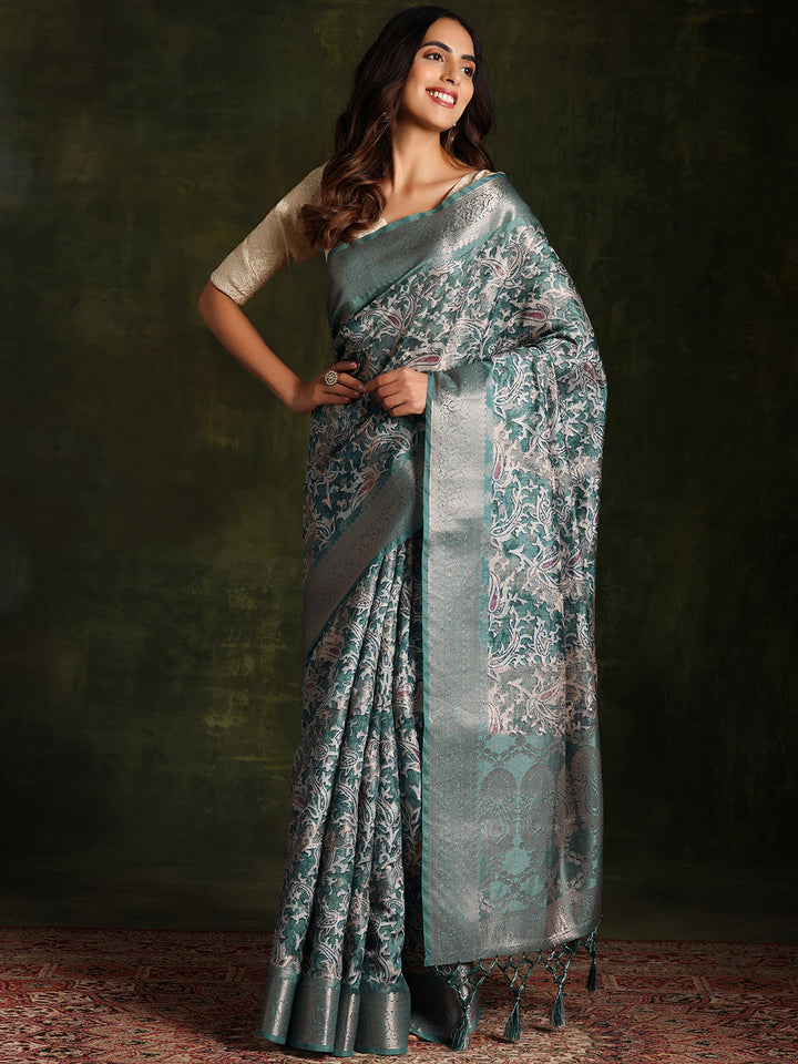 Green Woven Design Brocade Saree With Unstitched Blouse Piece