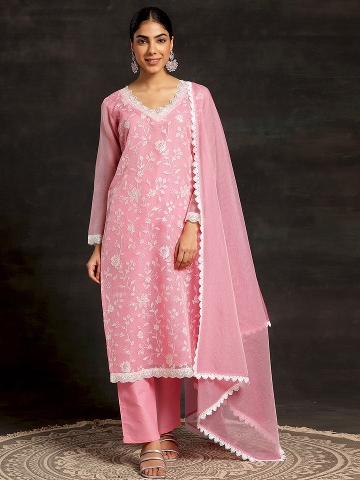 Pink Embroidered Cotton Straight Suit With Dupatta