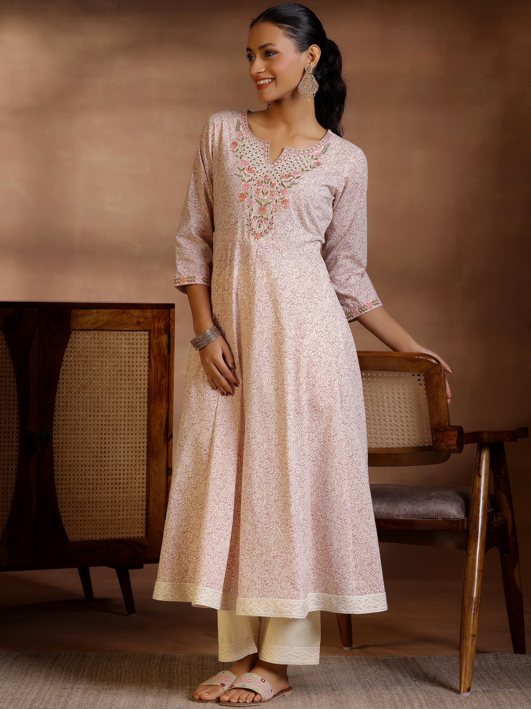 Mauve Printed Cotton Anarkali Kurta With Trousers