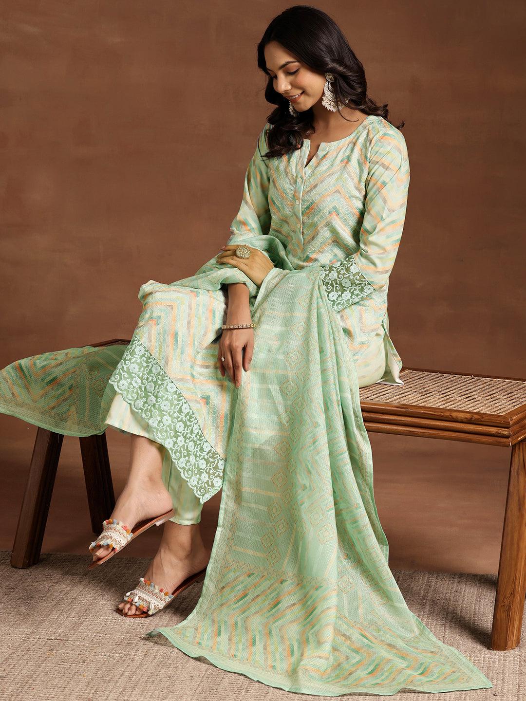 Green Embroidered Cotton Blend Straight Suit With Dupatta