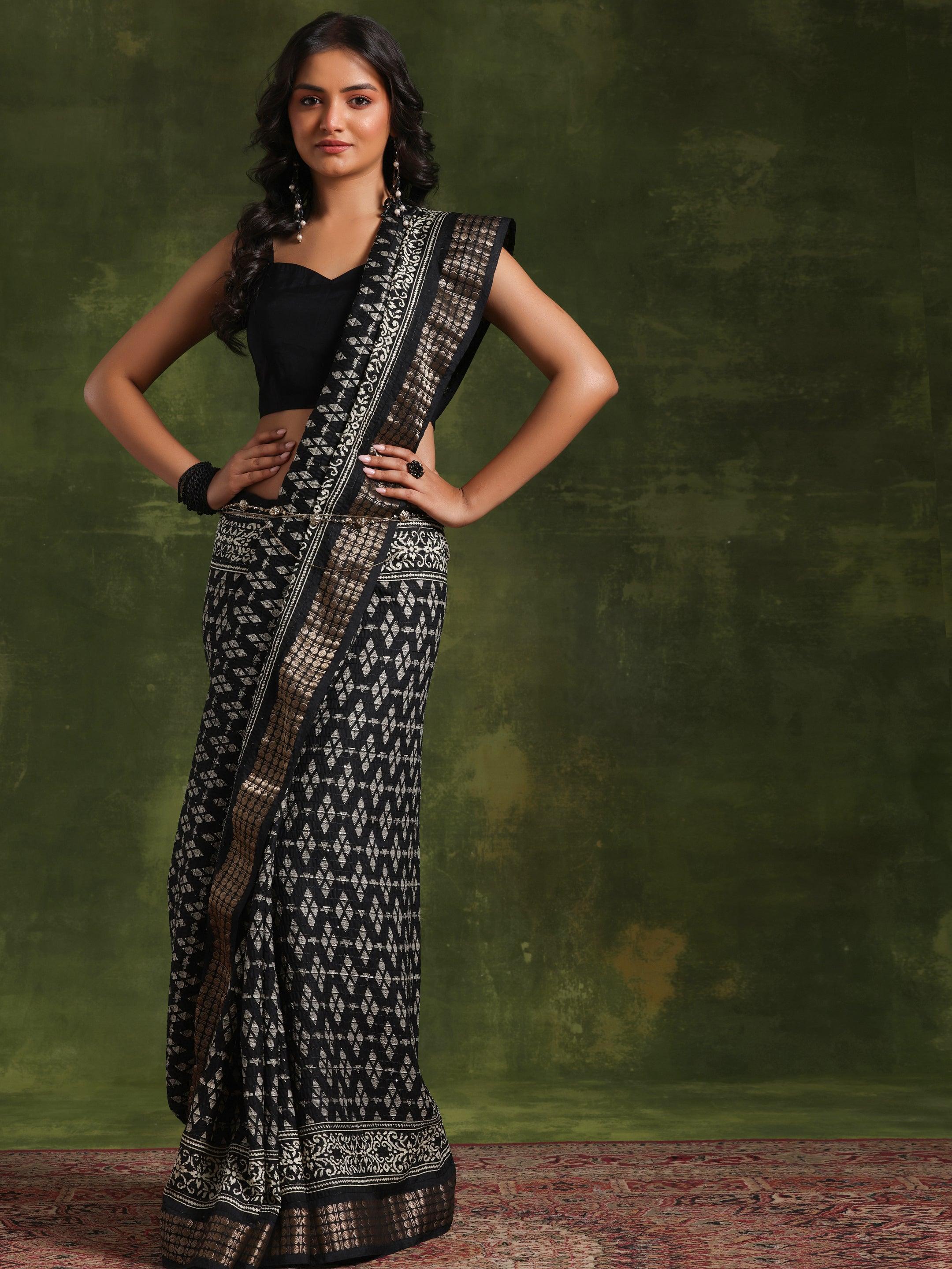 Black Printed Silk Blend Saree With Unstitched Blouse Piece