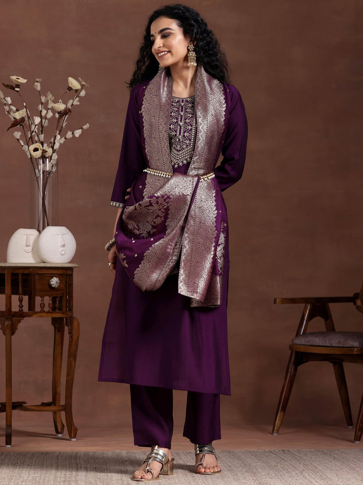 Wine Yoke Design Silk Blend Straight Suit With Dupatta - Libas