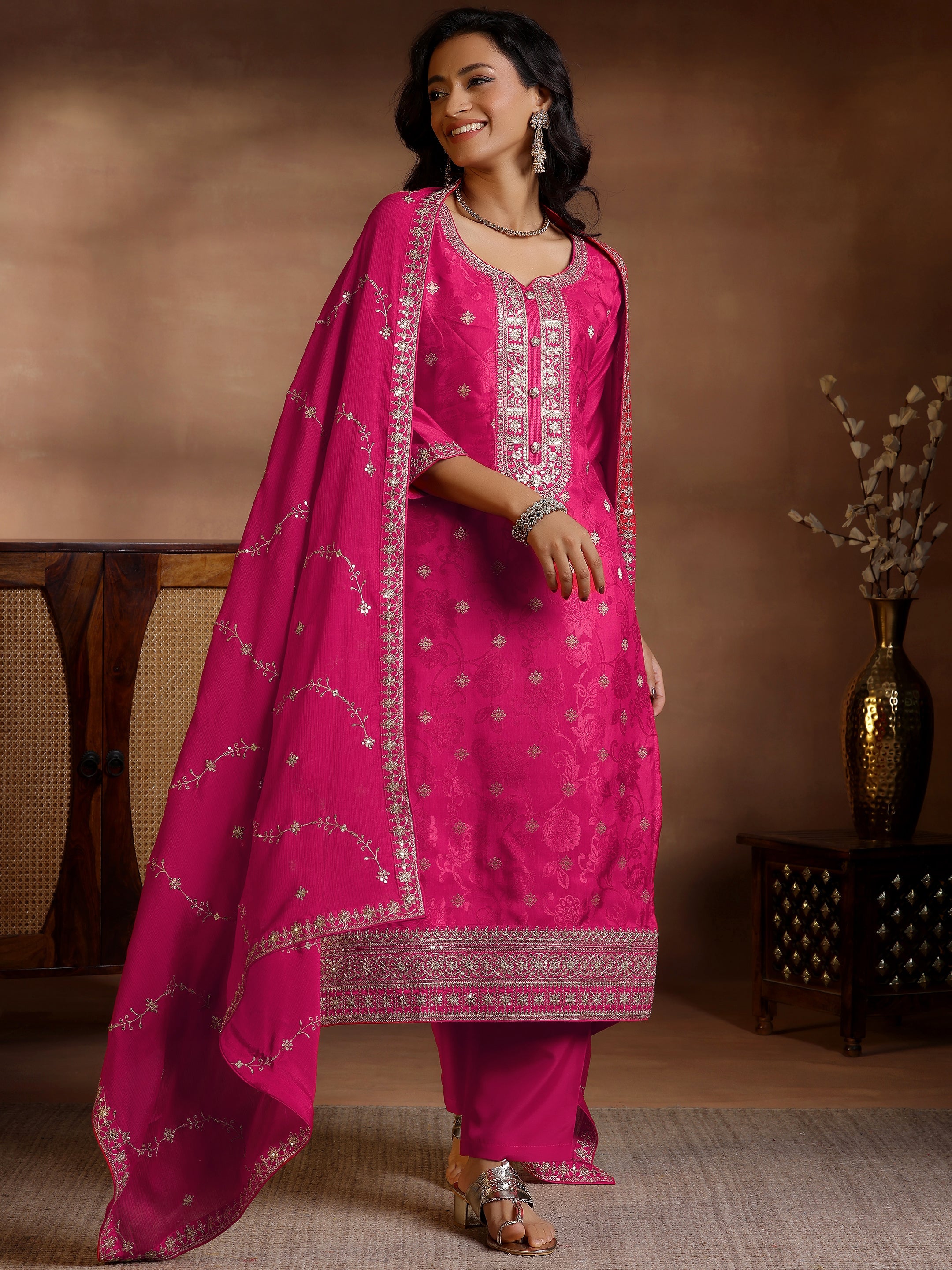 Pink Woven Design Silk Blend Straight Suit With Dupatta