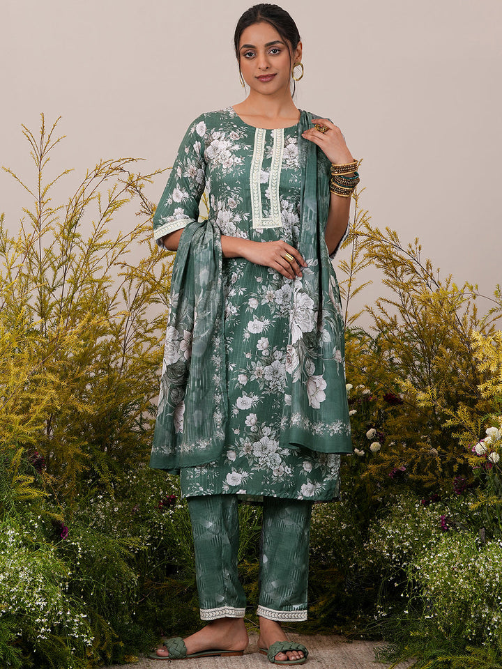 Green Printed Cotton Straight Kurta With Palazzos & Dupatta - ShopLibas